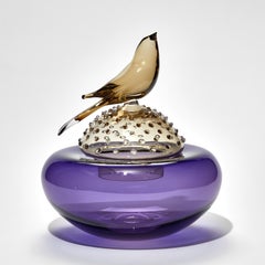 All about Birds V, Purple & Bronze Glass Vase & Perched Bird by Julie Johnson
