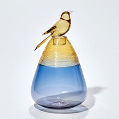 All about Birds XI, Blue & Amber Glass Sculpture with Bird by Julie Johnson