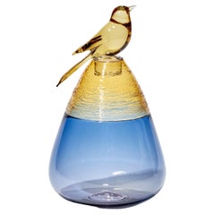 All about Birds XI, Blue & Amber Glass Sculpture with Bird by Julie Johnson