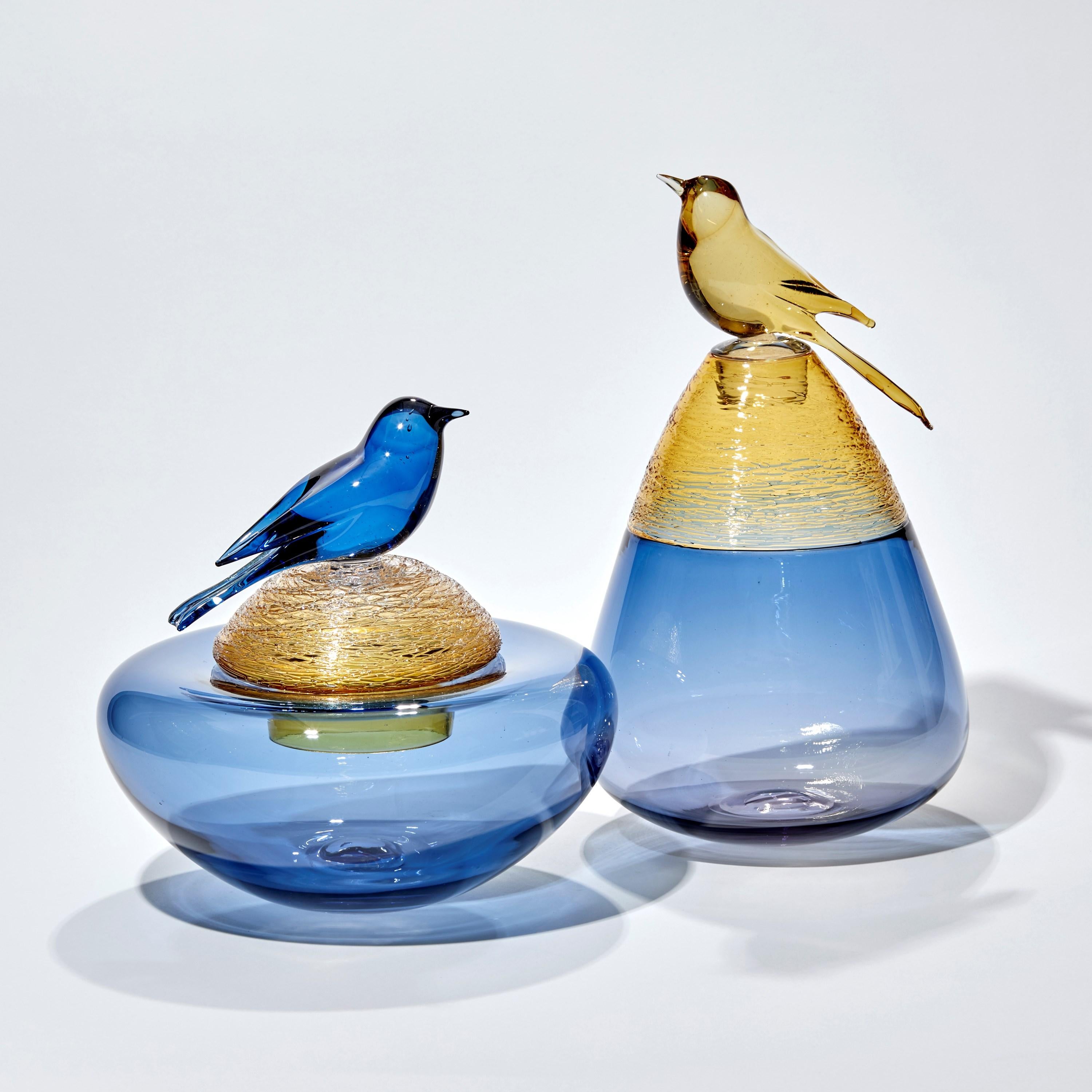 Organic Modern All about Birds XII, Blue & Amber Glass Sculpture with Bird by Julie Johnson