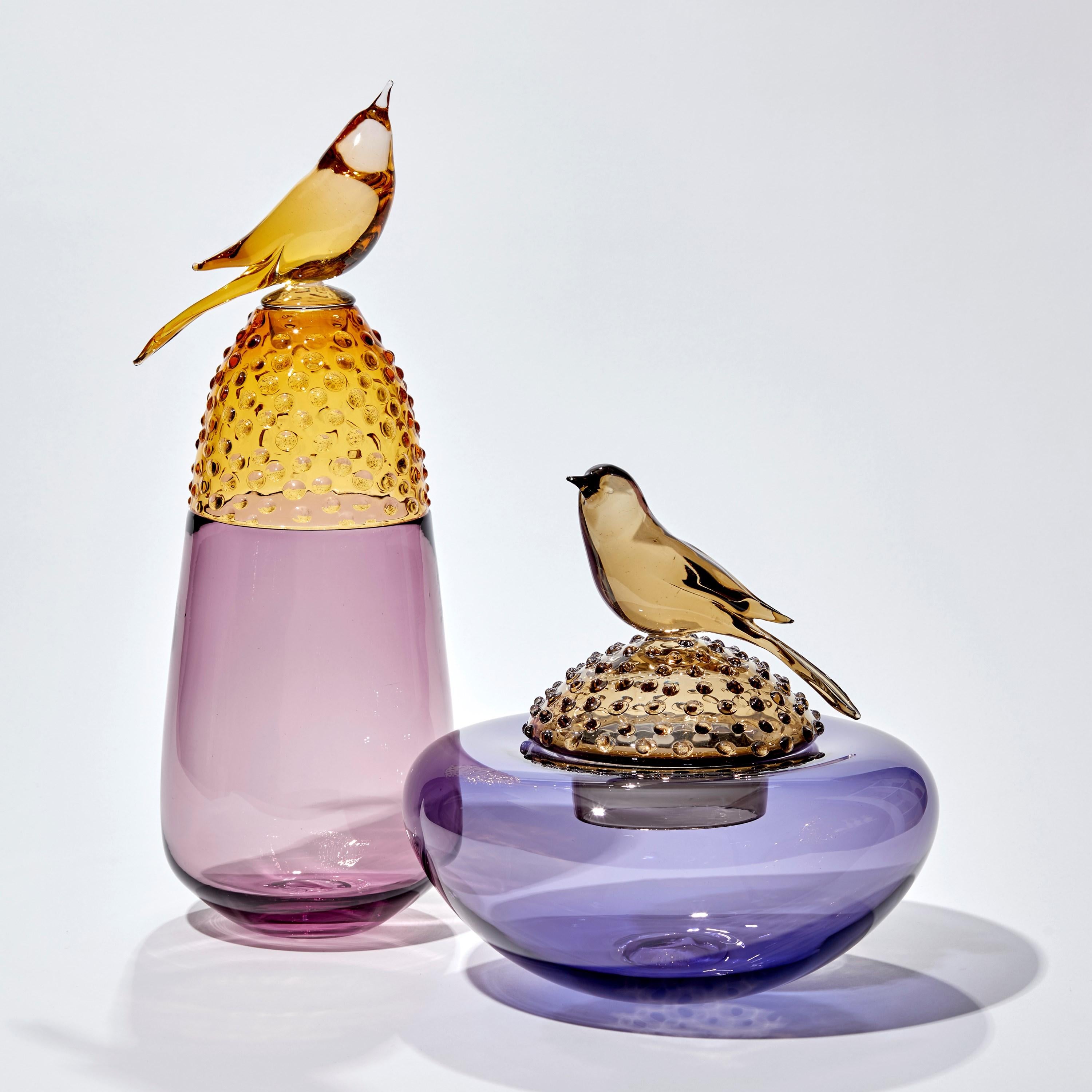 Organic Modern All about Birds XIII, a Blue & Amber Glass Sculpture with Bird by Julie Johnson