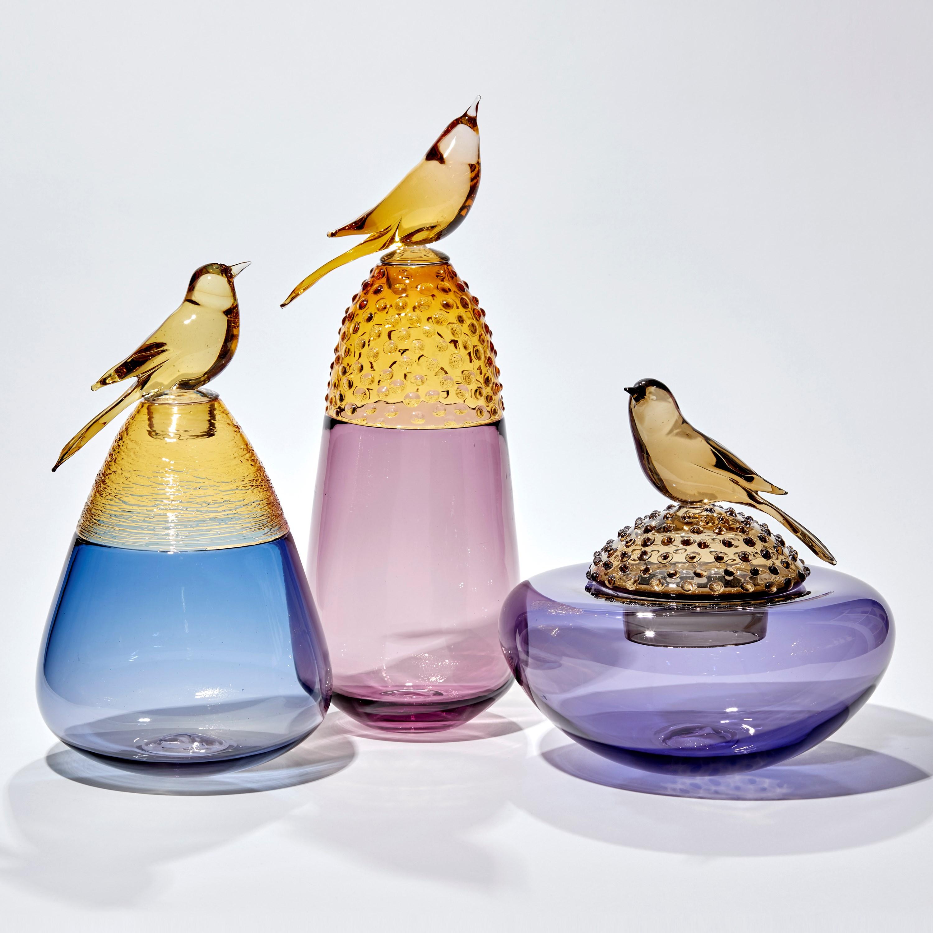 French All about Birds XIII, a Blue & Amber Glass Sculpture with Bird by Julie Johnson