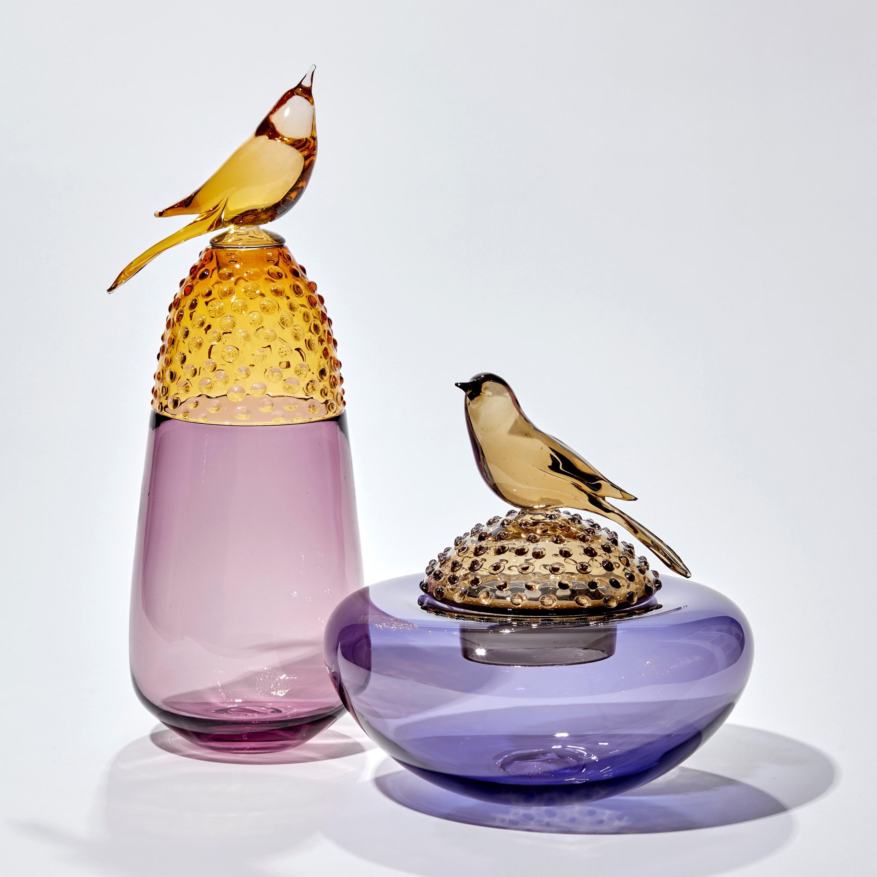 Organic Modern All about Birds XIV, a Purple & Amber Glass Sculpture with Bird by Julie Johnson