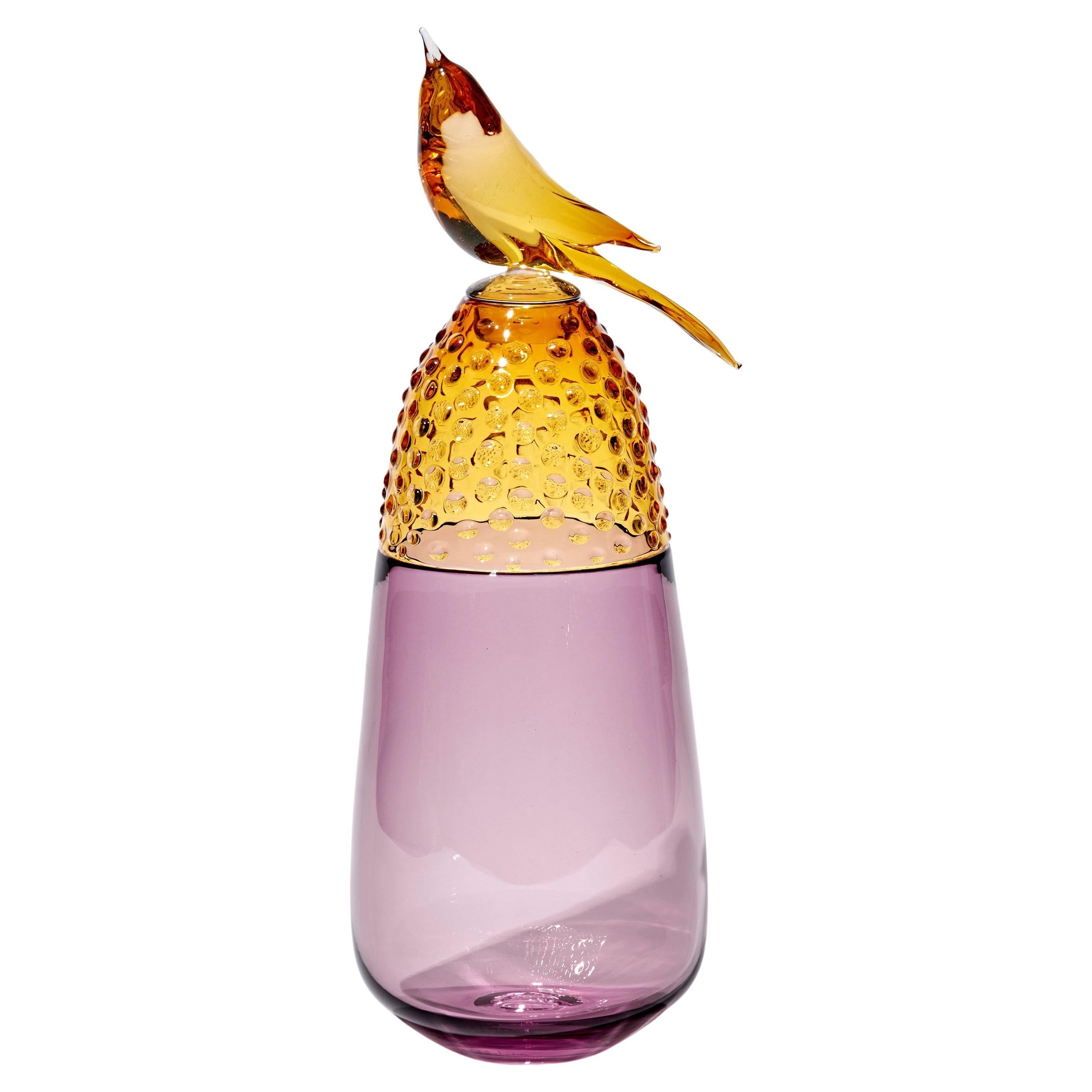 All about Birds XIV, a Purple & Amber Glass Sculpture with Bird by Julie Johnson
