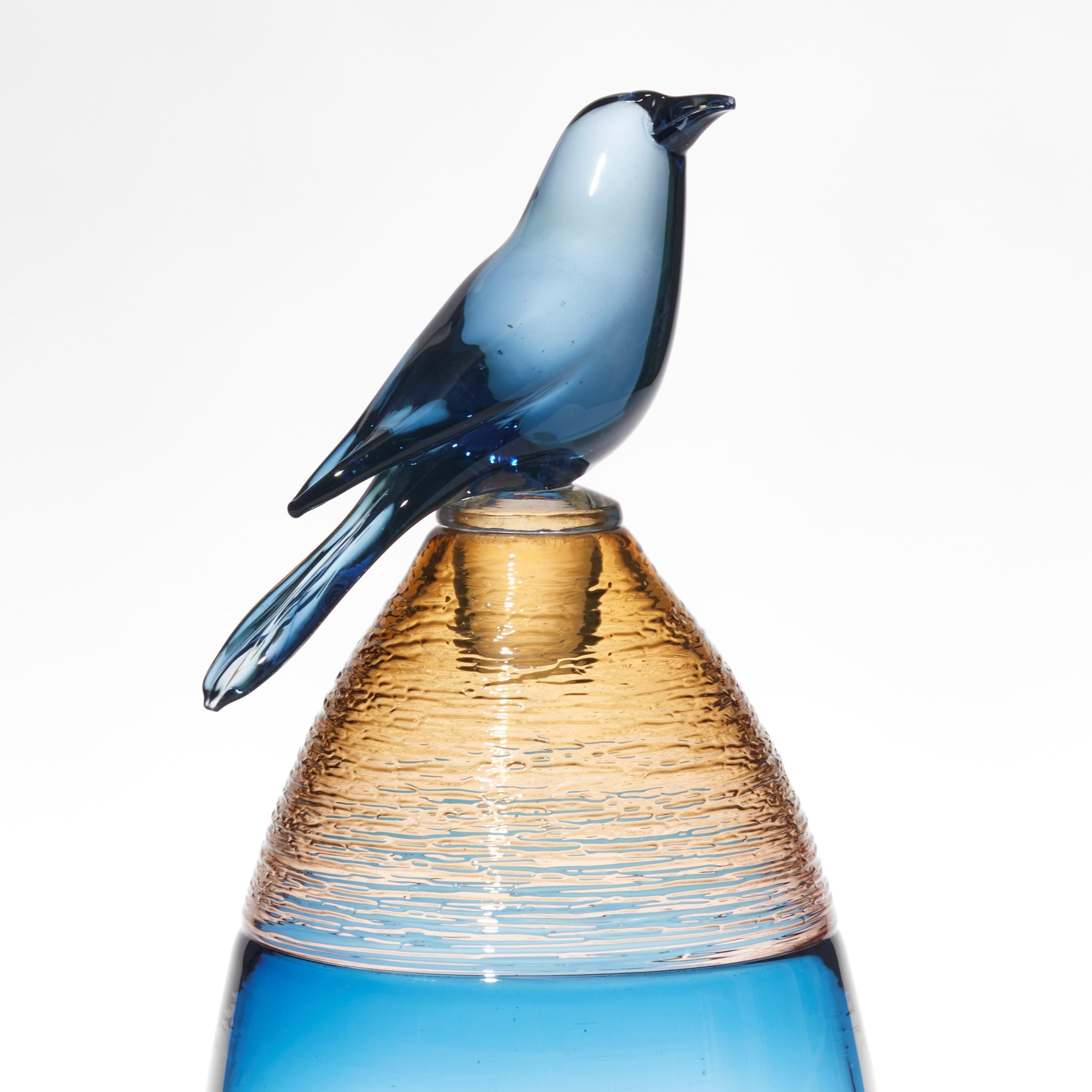 Organic Modern All About Birds XIX, blue & amber glass bird themed sculpture by Julie Johnson