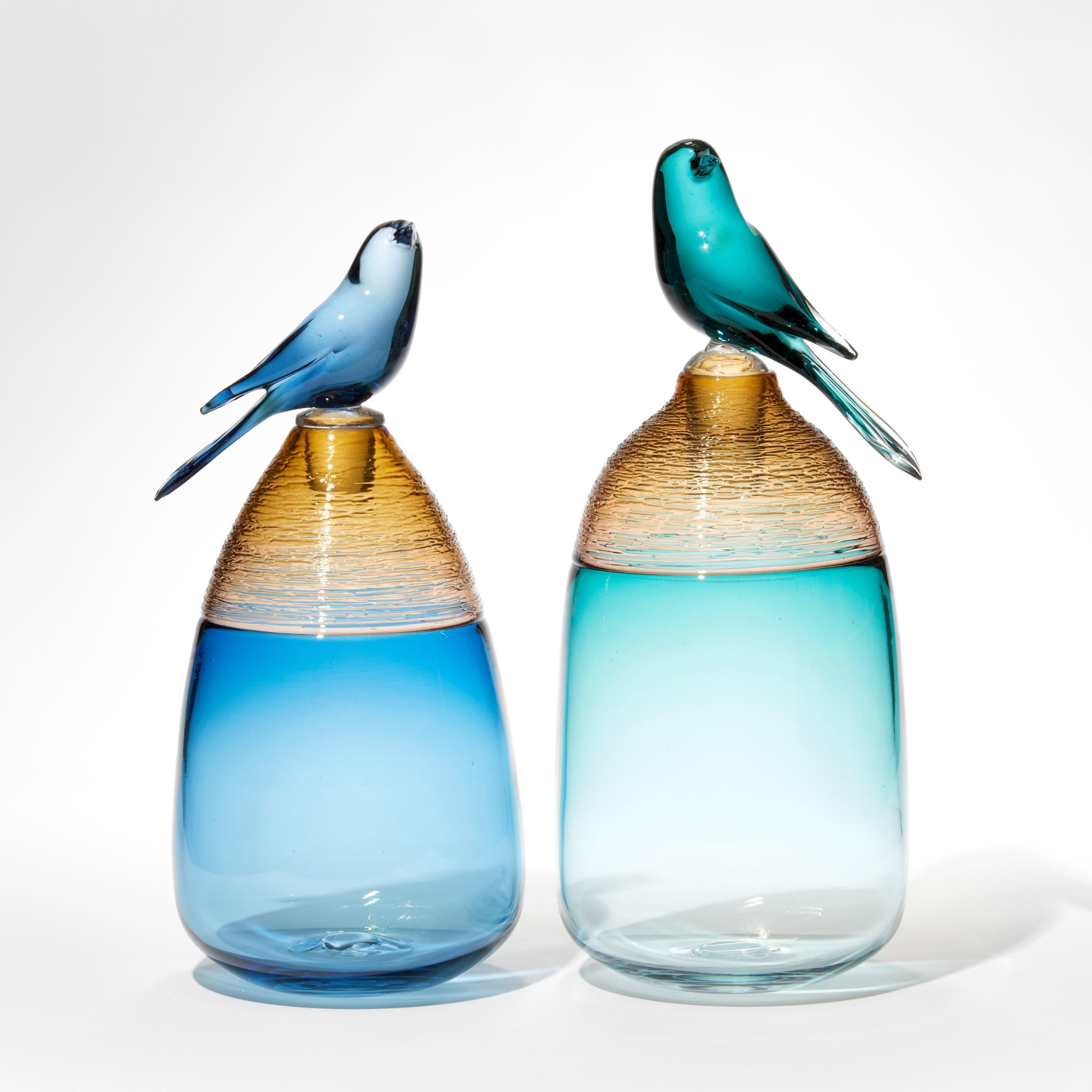French All About Birds XIX, blue & amber glass bird themed sculpture by Julie Johnson