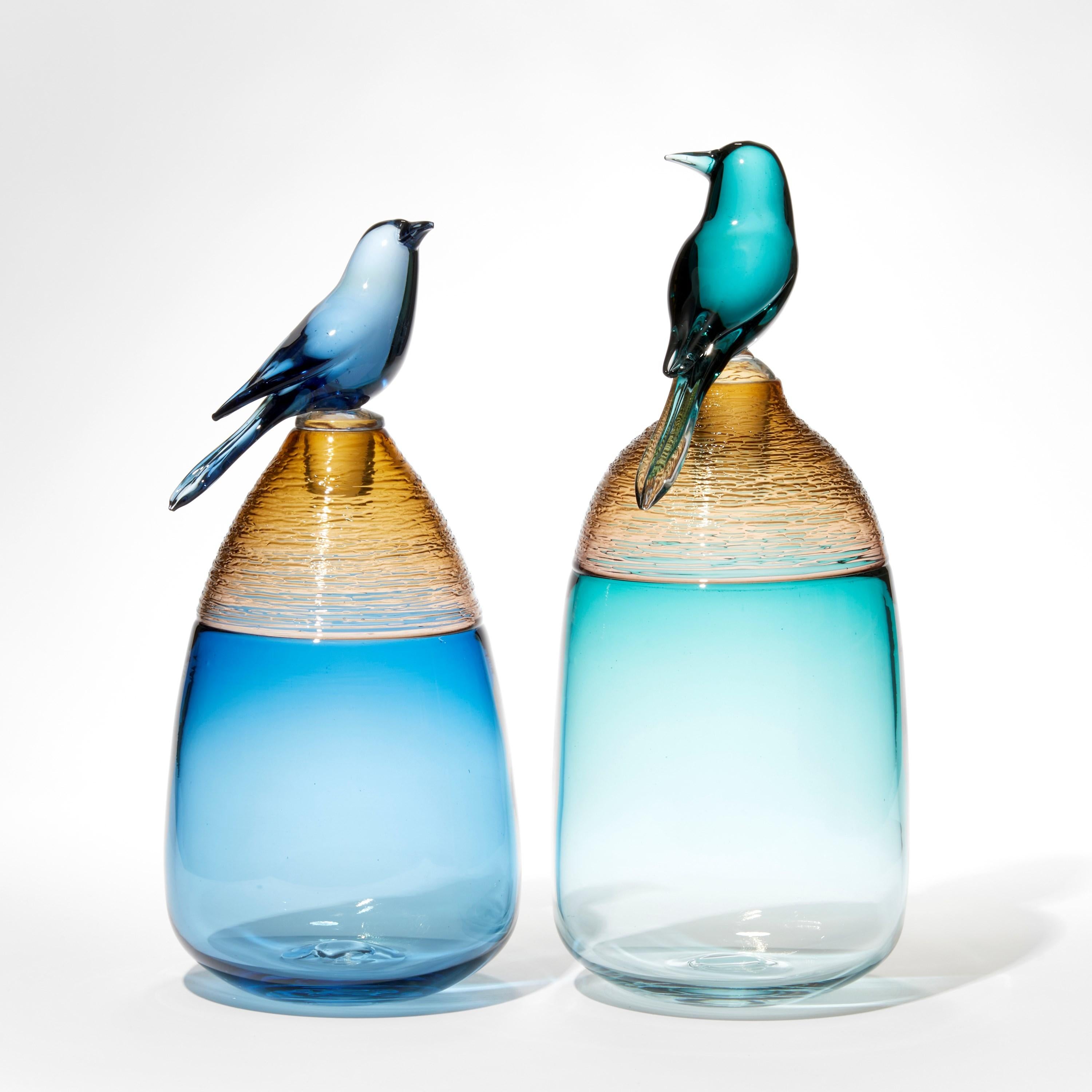 Hand-Crafted All About Birds XIX, blue & amber glass bird themed sculpture by Julie Johnson