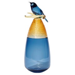  All About Birds XV, a blue & amber glass bird themed sculpture by Julie Johnson