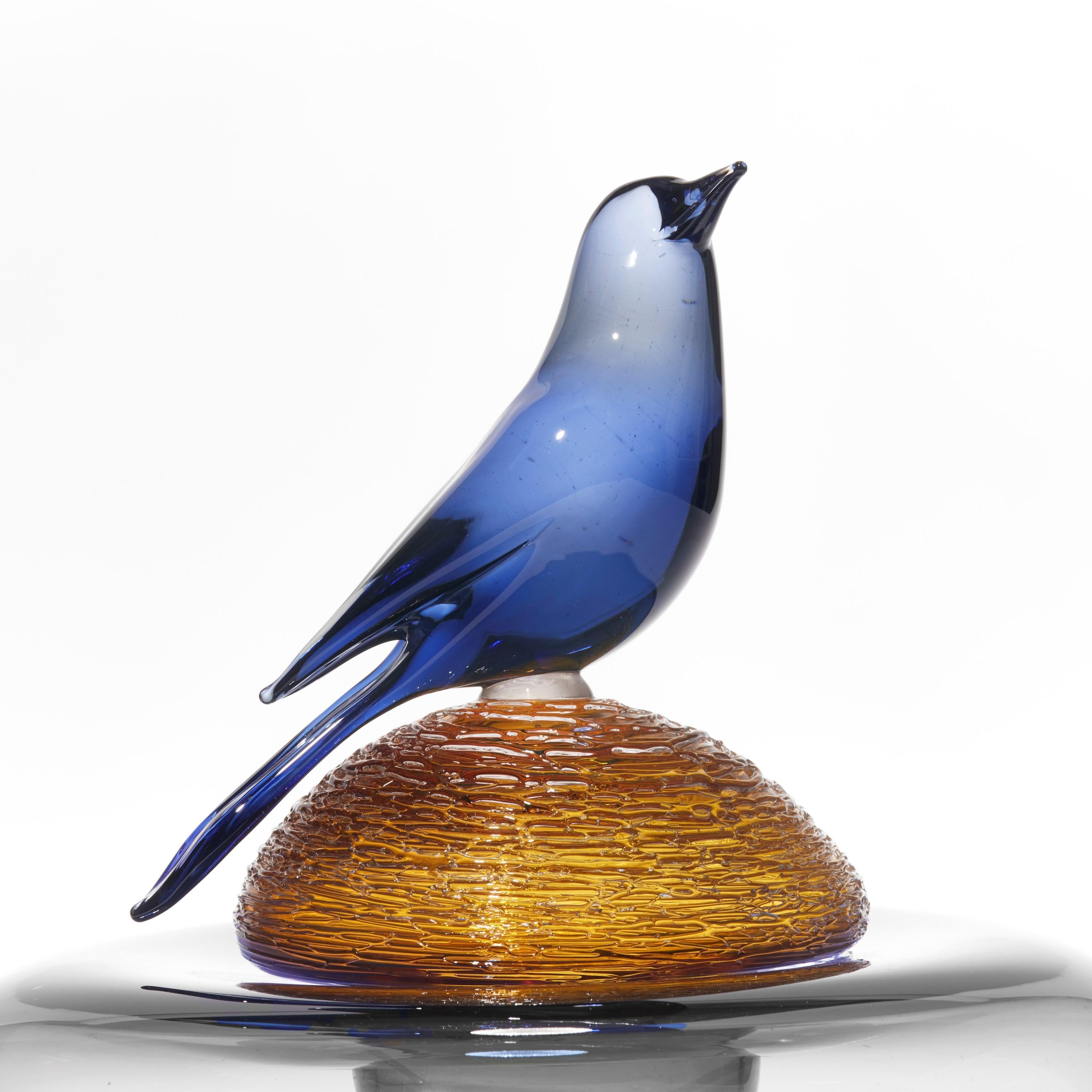 Organic Modern All About Birds XVII, a rich blue & amber glass bird sculpture by Julie Johnson