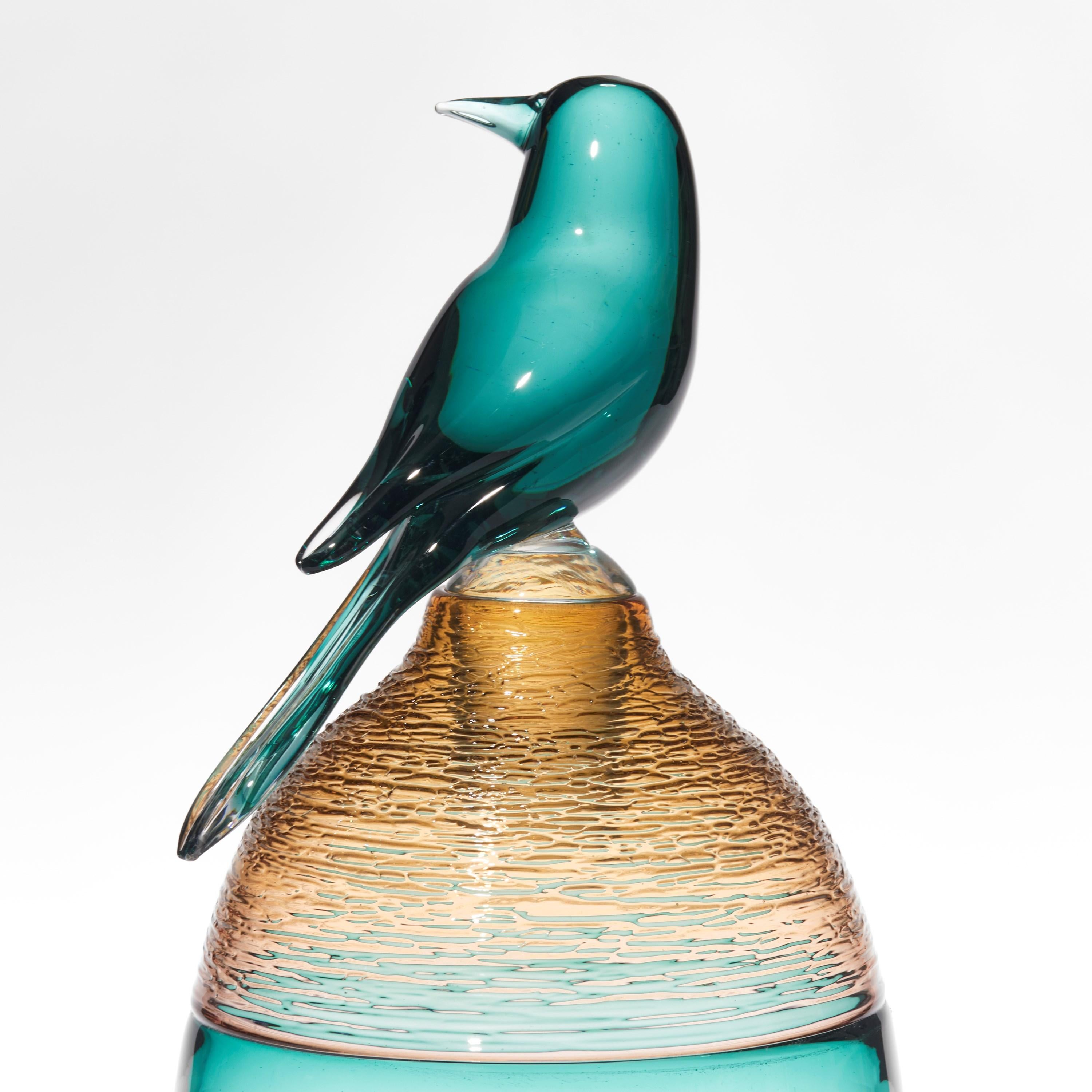 Organic Modern All About Birds XVIII, jade/green & amber glass bird sculpture by Julie Johnson