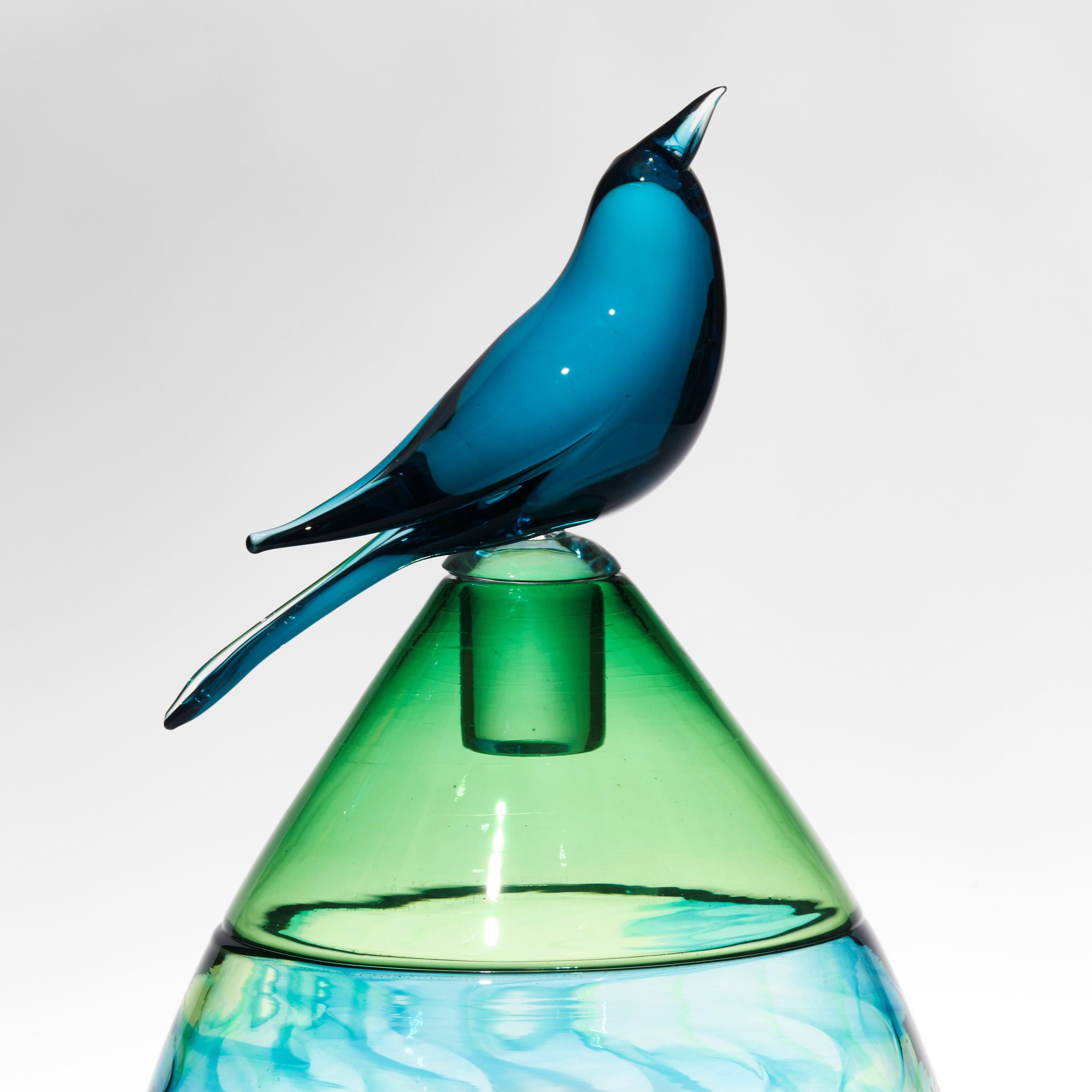 Organic Modern All About Birds XX, green & blue glass bird themed sculpture by Julie Johnson