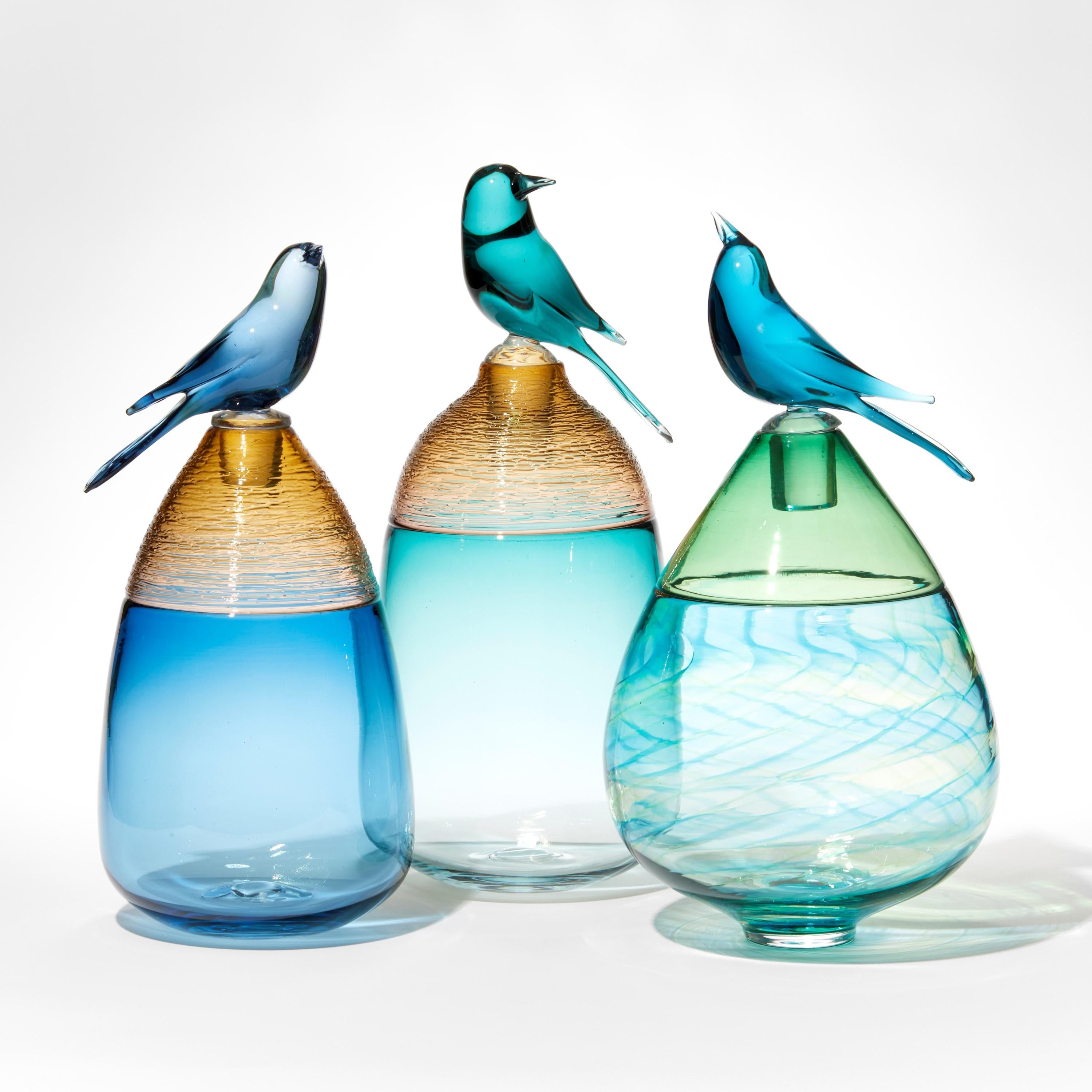French All About Birds XX, green & blue glass bird themed sculpture by Julie Johnson
