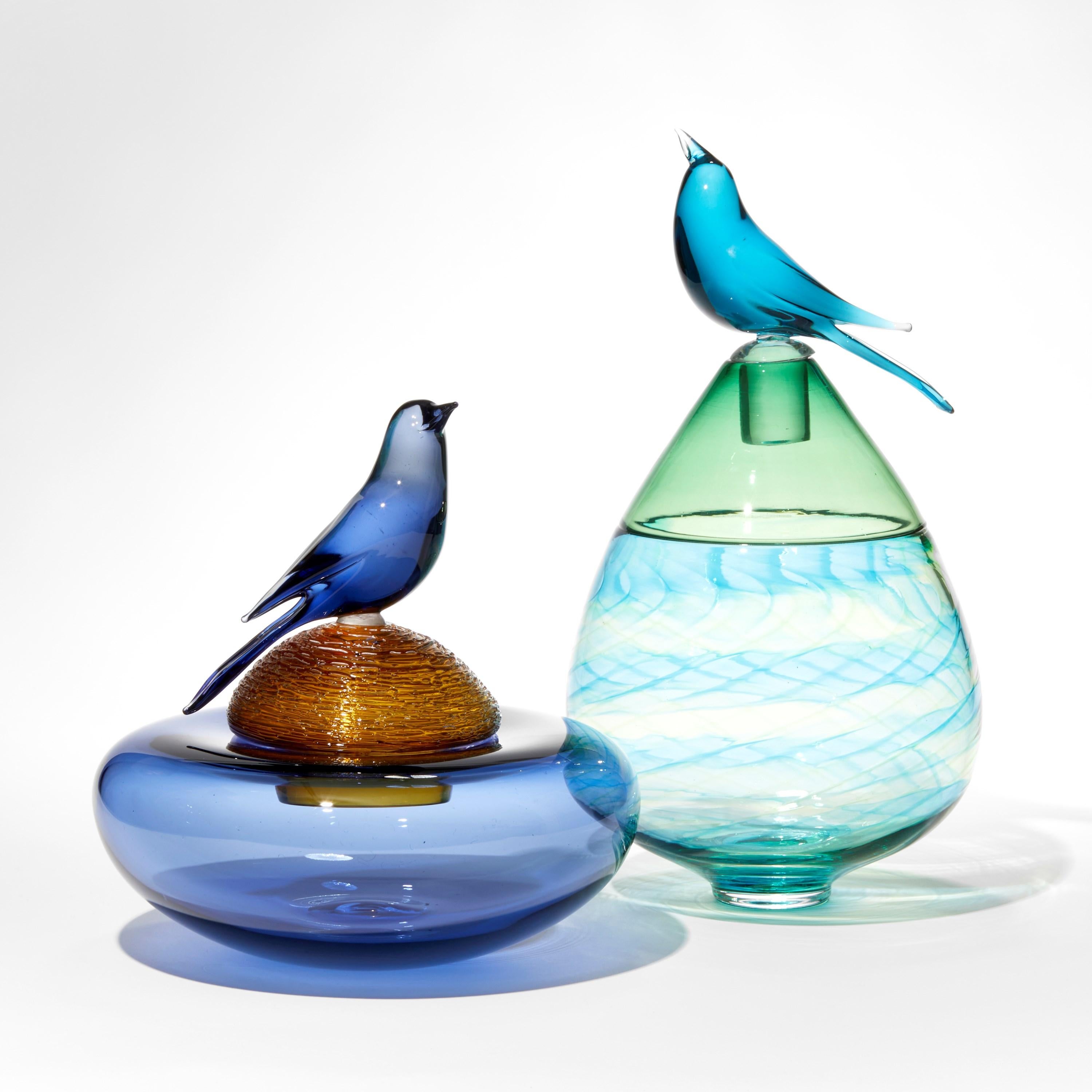 Hand-Crafted All About Birds XX, green & blue glass bird themed sculpture by Julie Johnson