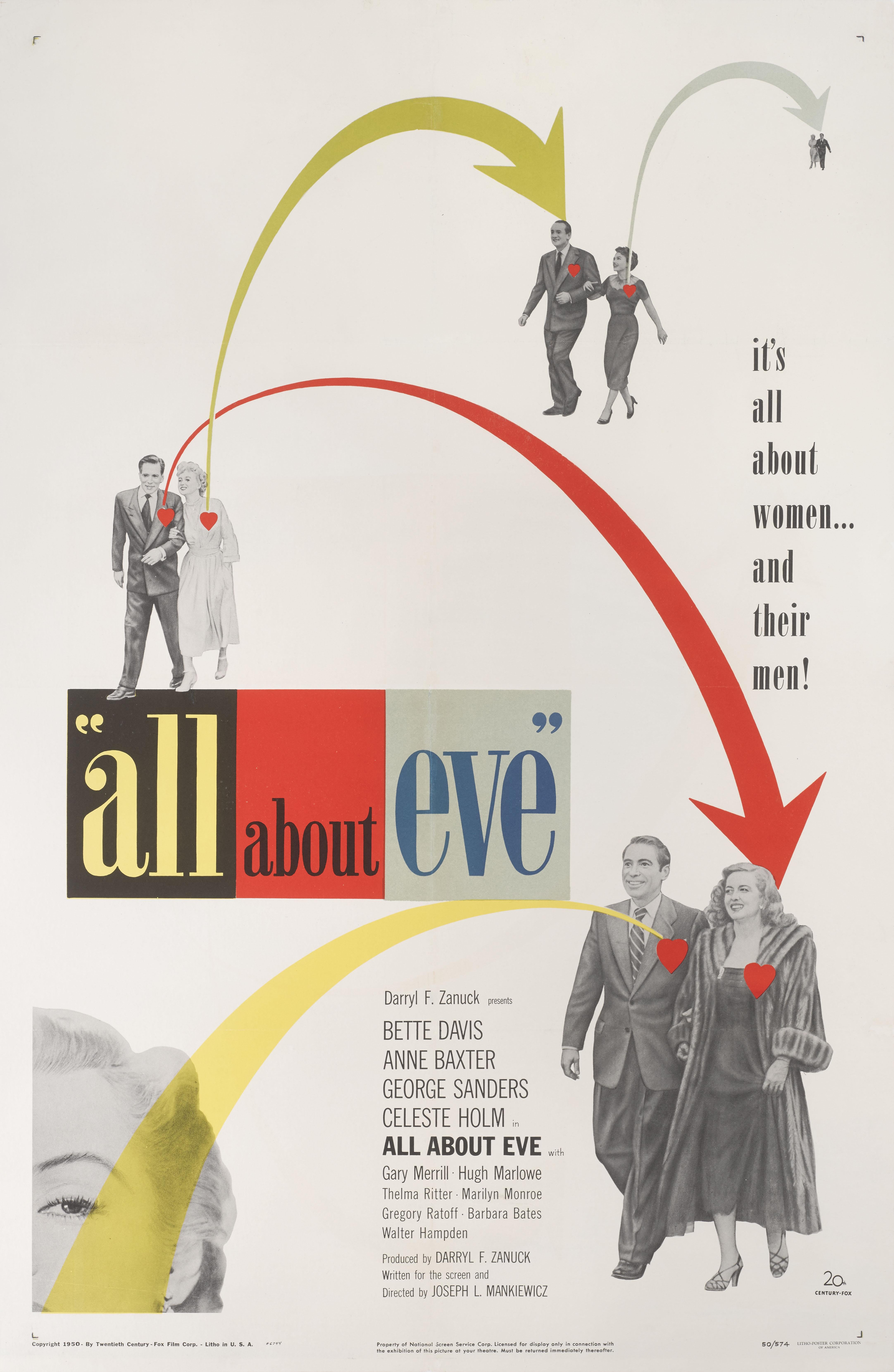 Original US film poster for the 1956 starring Bette Davis, George Sanders, Anne Baxter and  Marilyn.
This film was directed by Joseph L. Mankiewicz.
The art work on this poster is by the Swiss pioneer of design Erik Nitsche (1908-1998)
This poster