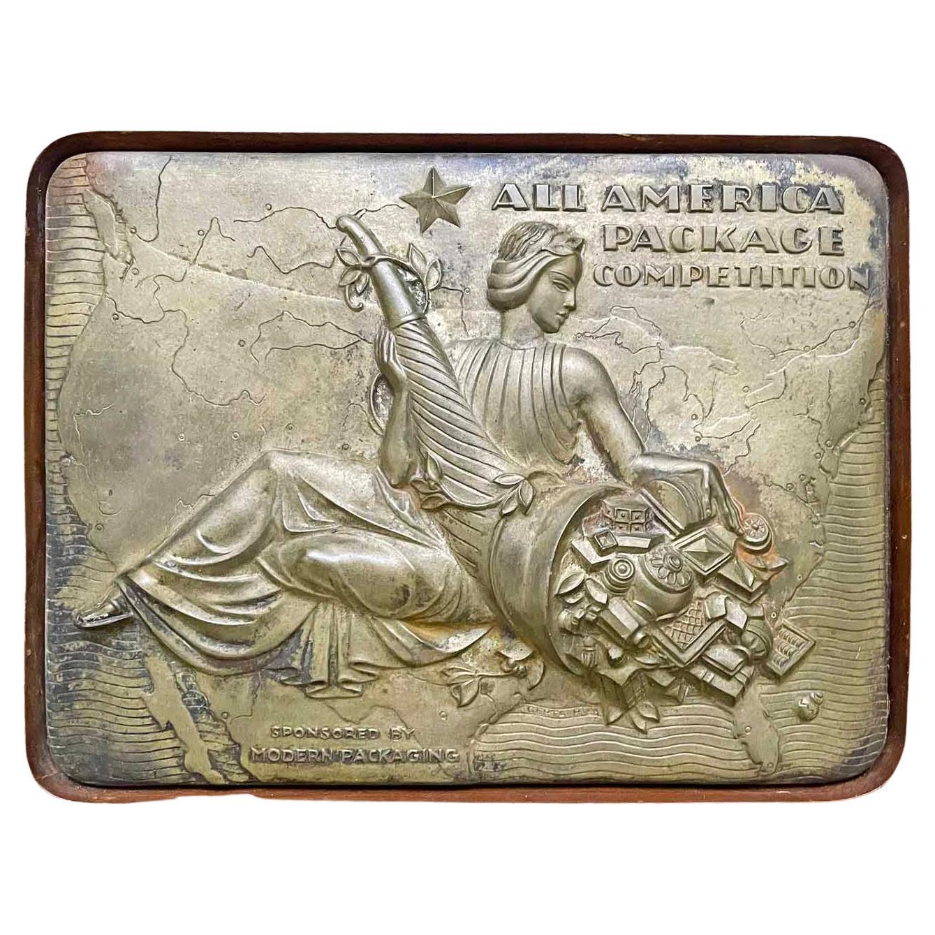 "All America Package Competition, " Rare Art Deco Sculptural Bronze Panel by Ries For Sale
