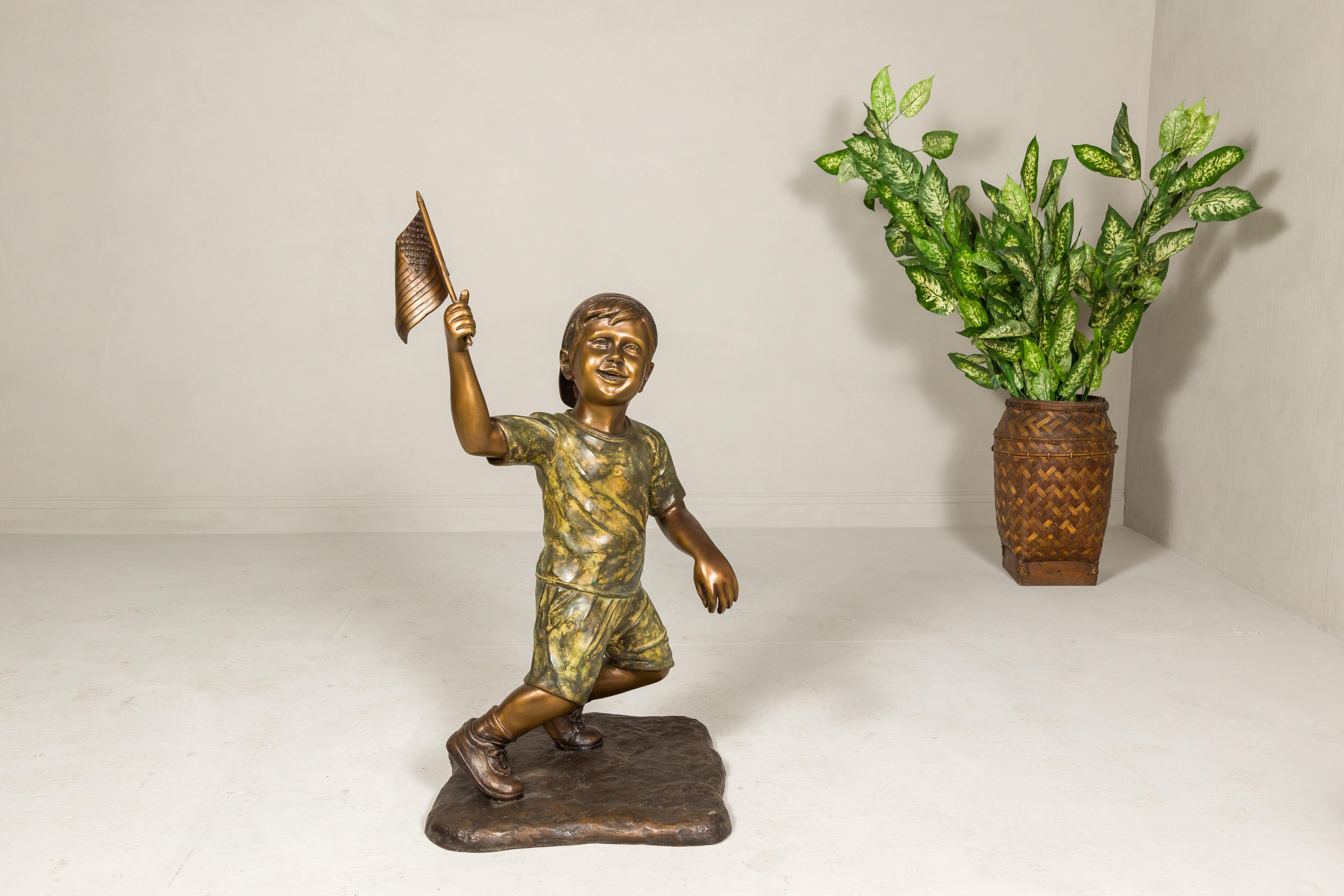 Flag Runner, Bronze Statue of a Boy Running with the Flag  In Excellent Condition For Sale In Yonkers, NY