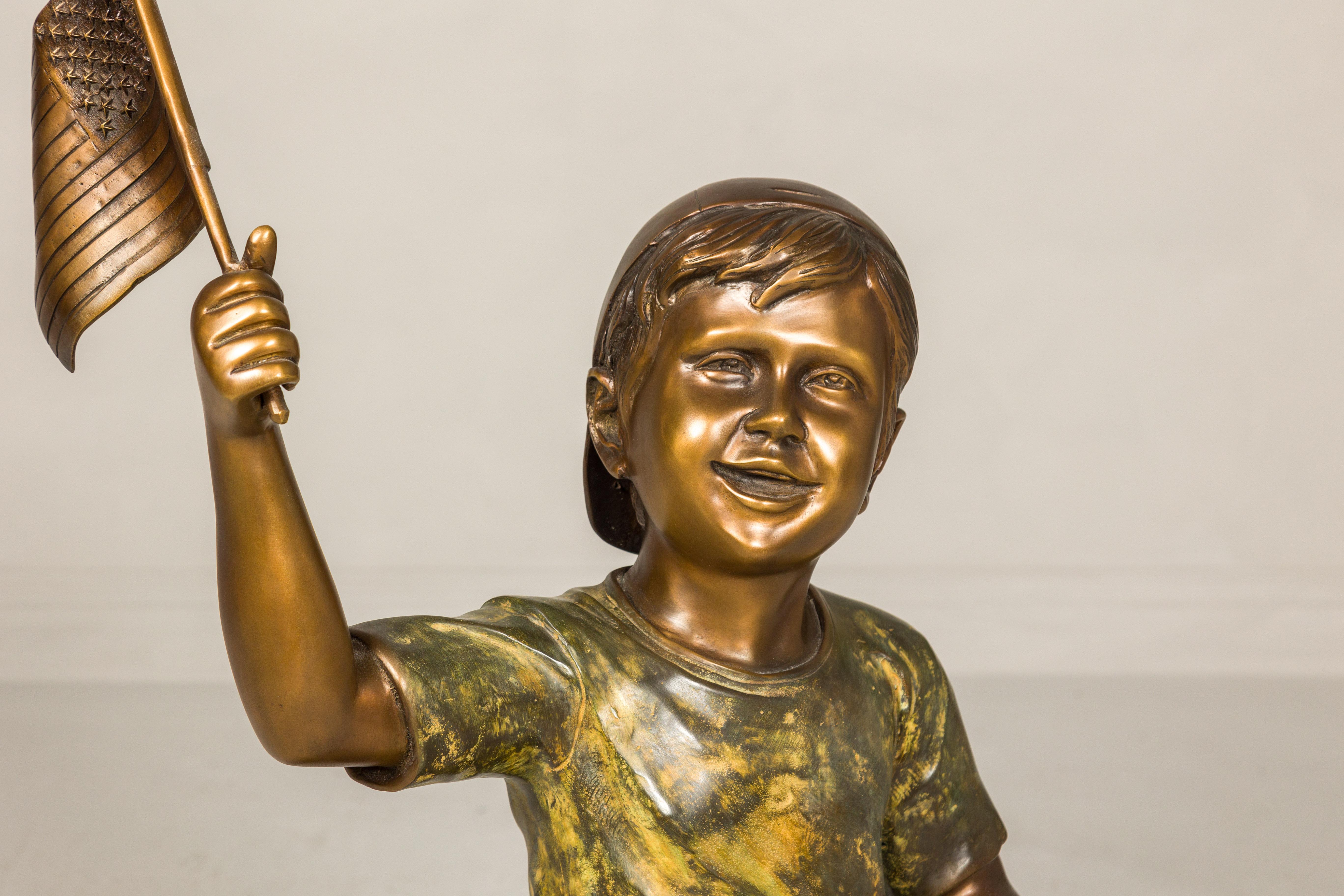 Contemporary Flag Runner, Bronze Statue of a Boy Running with the Flag  For Sale
