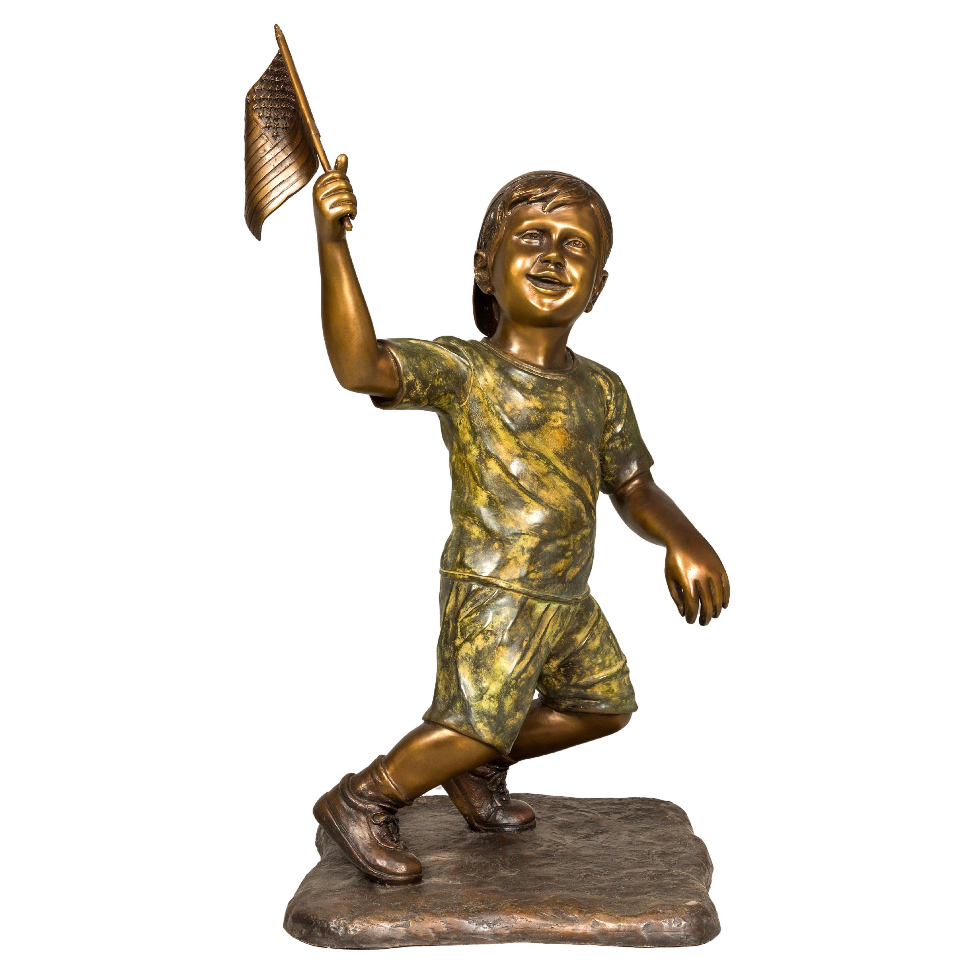 Flag Runner, Bronze Statue of a Boy Running with the Flag  For Sale