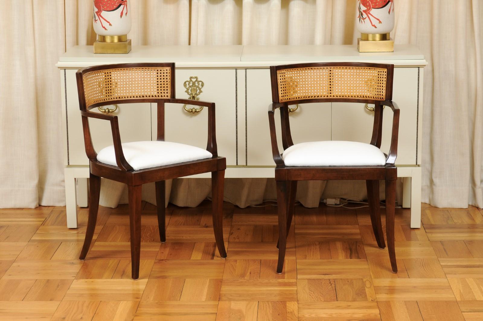 These magnificent dining chairs are shipped as professionally photographed and described in the listing narrative, completely installation ready. This large All Arm set of difficult to find examples is unique on the market. Seats may be caned if