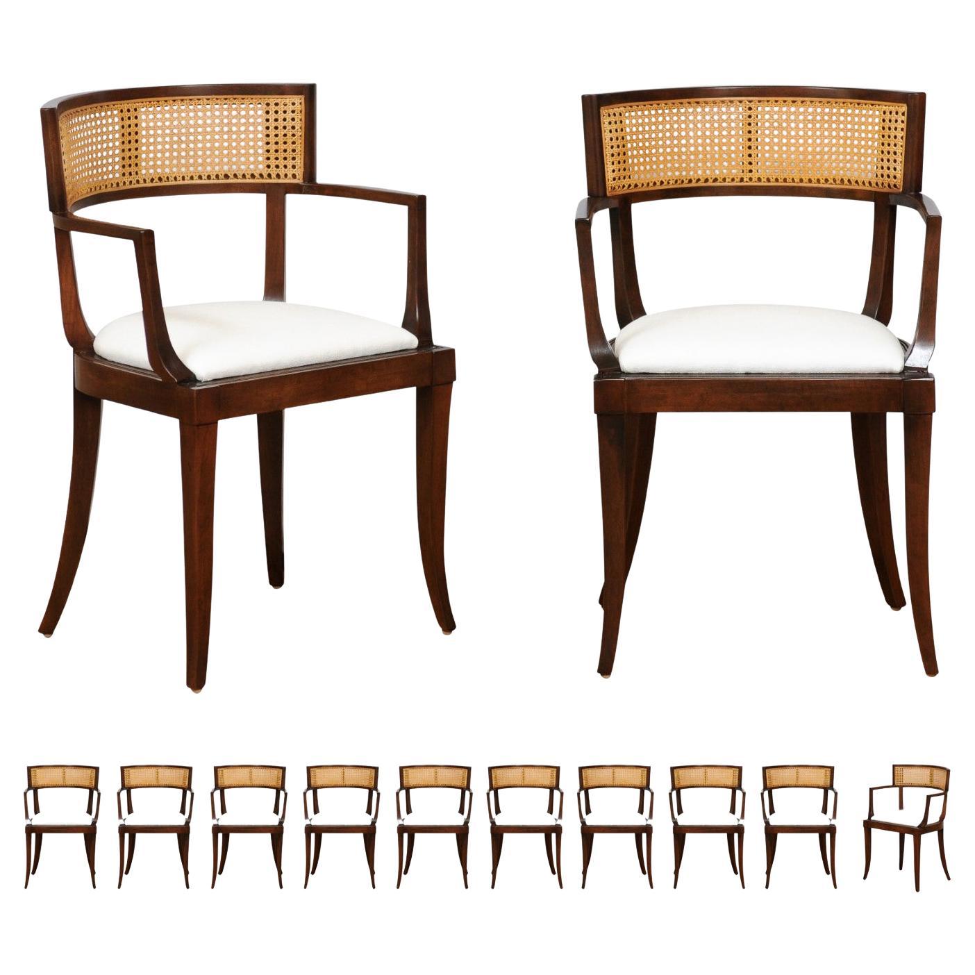 All Arm, Exquisite Set of Twelve Klismos Cane Dining Chairs by Baker, circa 1958