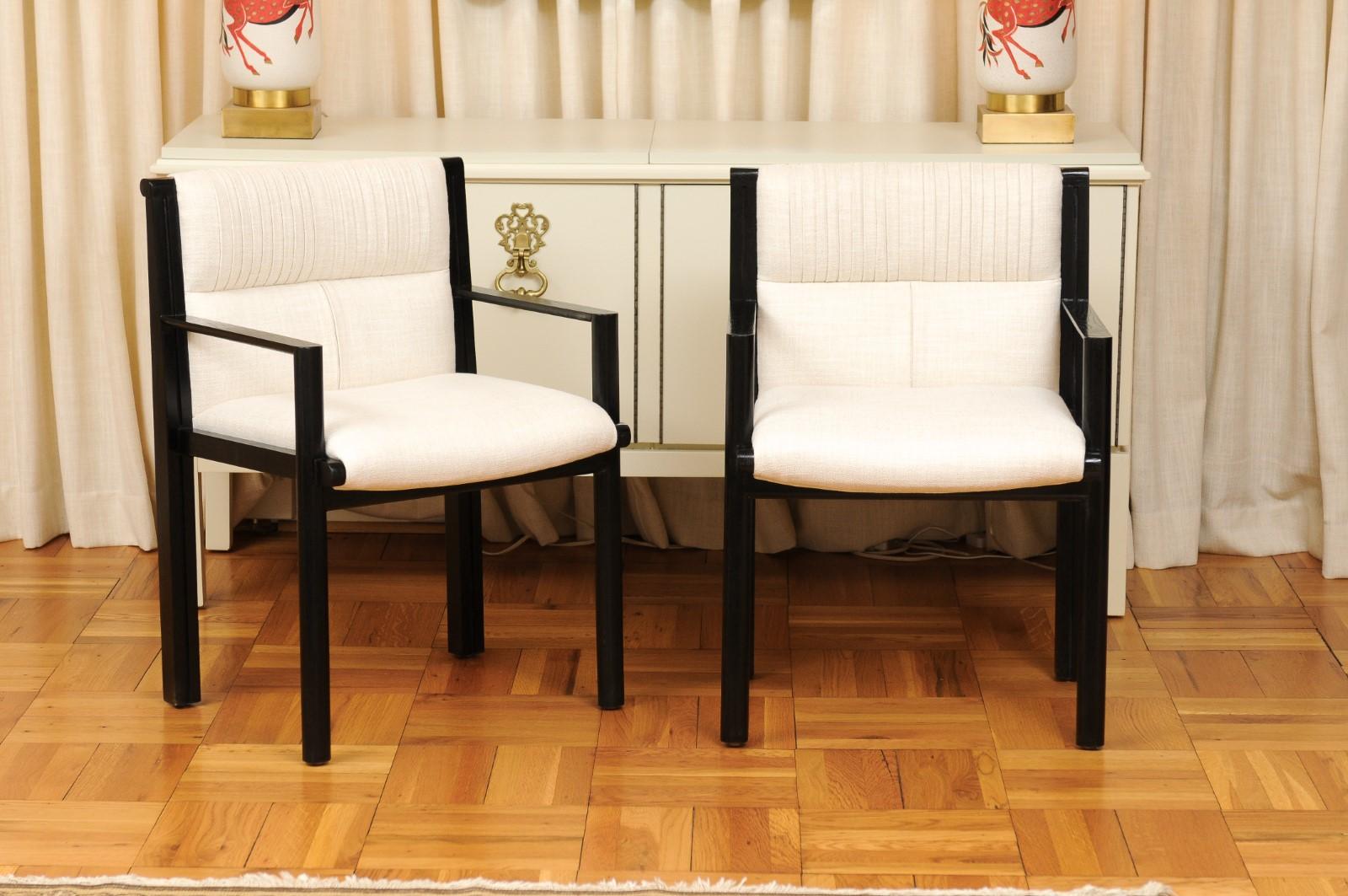 These magnificent dining chairs are shipped as professionally photographed and described in the listing narrative: meticulously professionally restored and completely installation ready. This large All Arm set is unique on the market. Expert custom