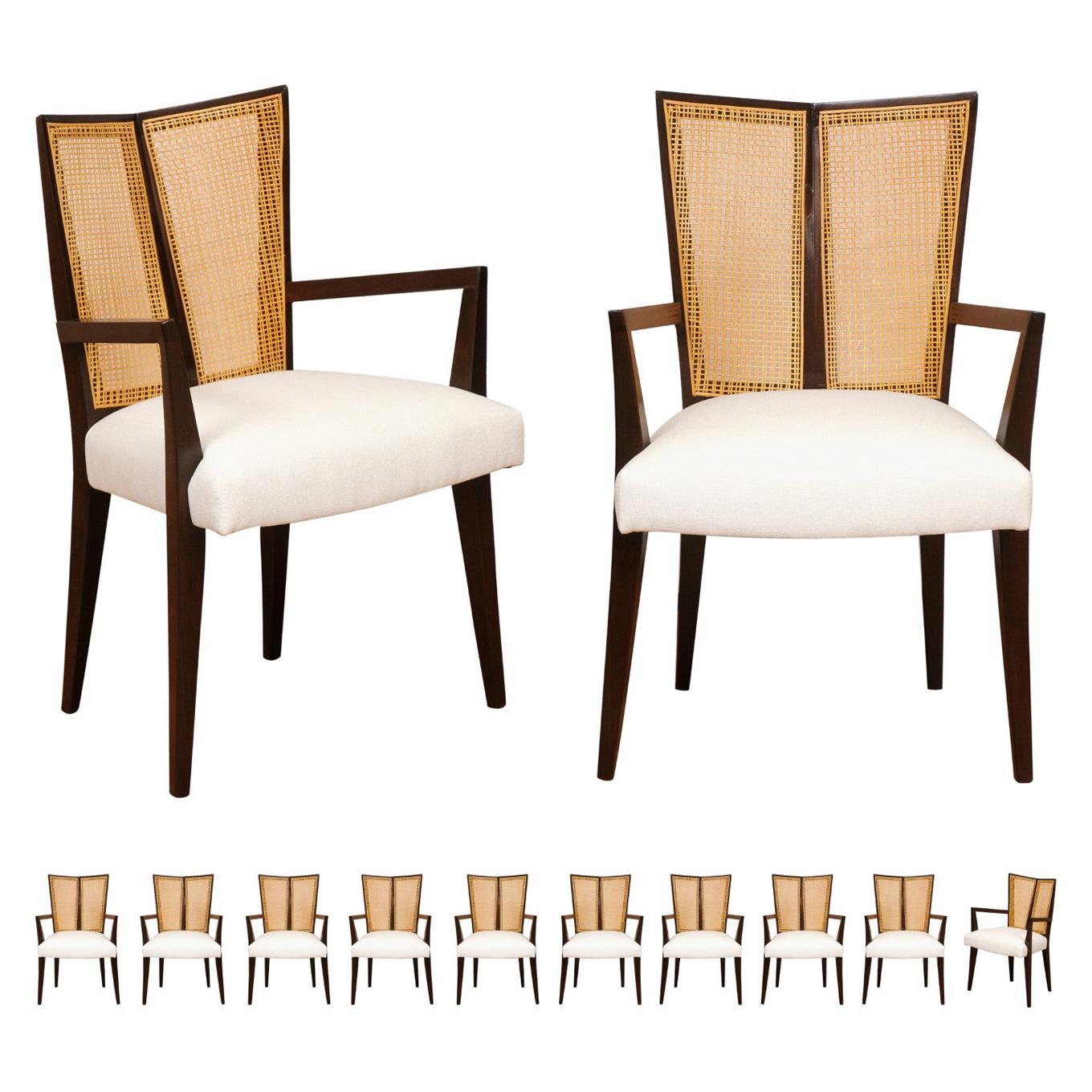 All Arms, Breathtaking Set of 12 Modern V-Back Cane Arm Chairs by Michael Taylor For Sale