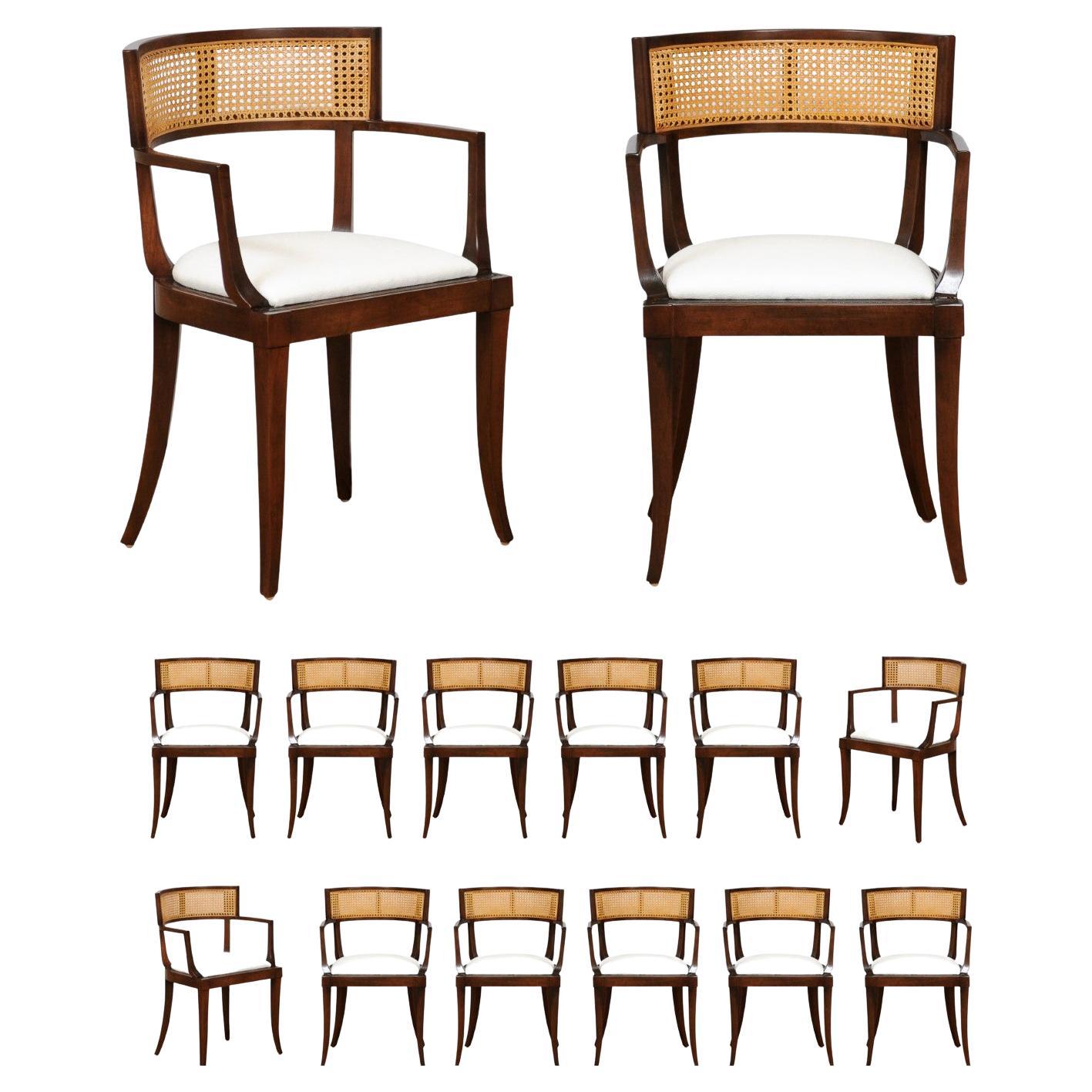 All Arms, Exquisite Set of 14 Klismos Cane Dining Chairs by Baker, circa 1958 For Sale