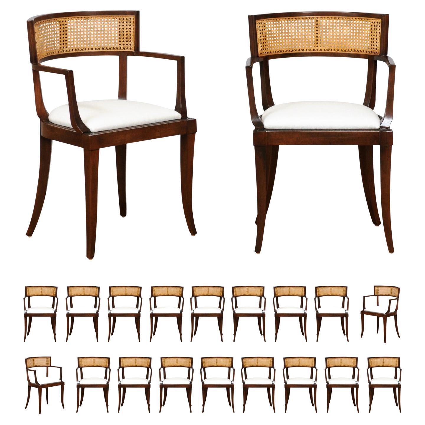 All Arms, Exquisite Set of 20 Klismos Cane Dining Chairs by Baker, circa 1958 For Sale