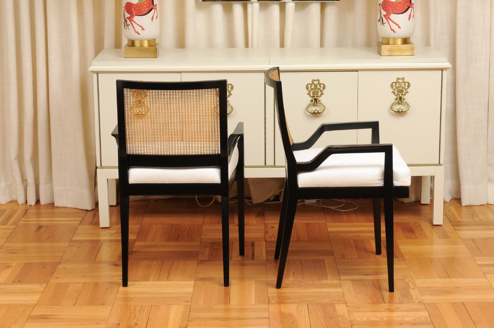 ALL ARMS Set of 8 Black Lacquer Cane Dining Chairs by Michael Taylor, circa 1960 For Sale 4
