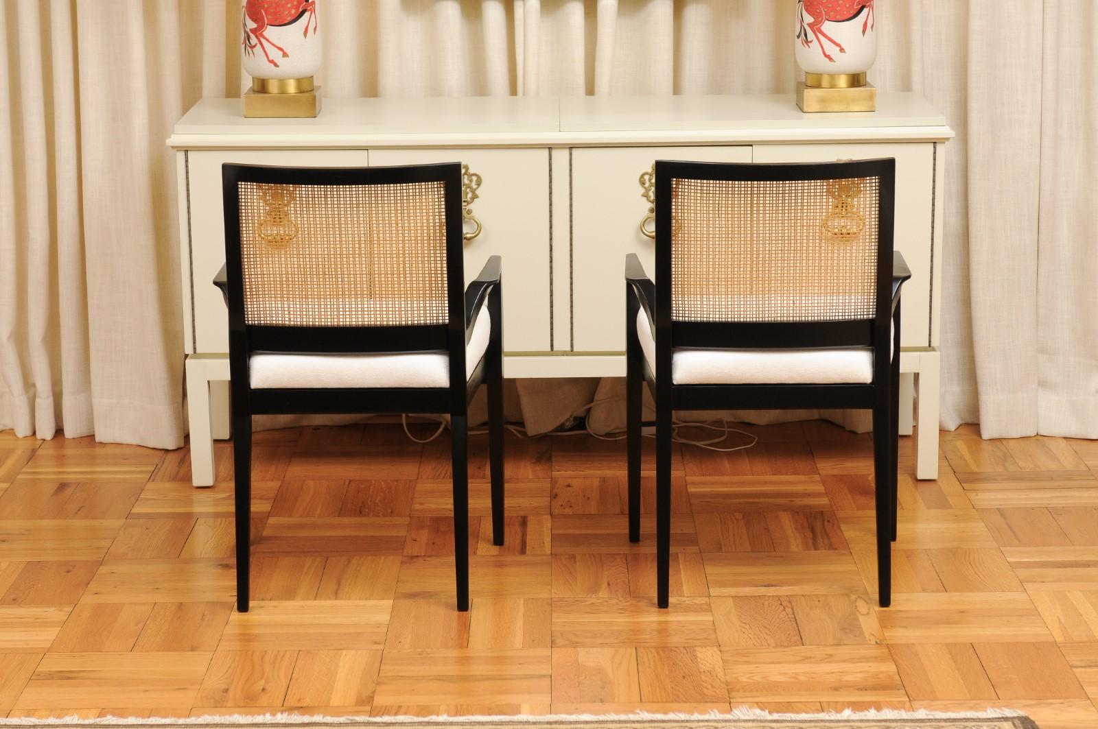 ALL ARMS Set of 8 Black Lacquer Cane Dining Chairs by Michael Taylor, circa 1960 For Sale 5
