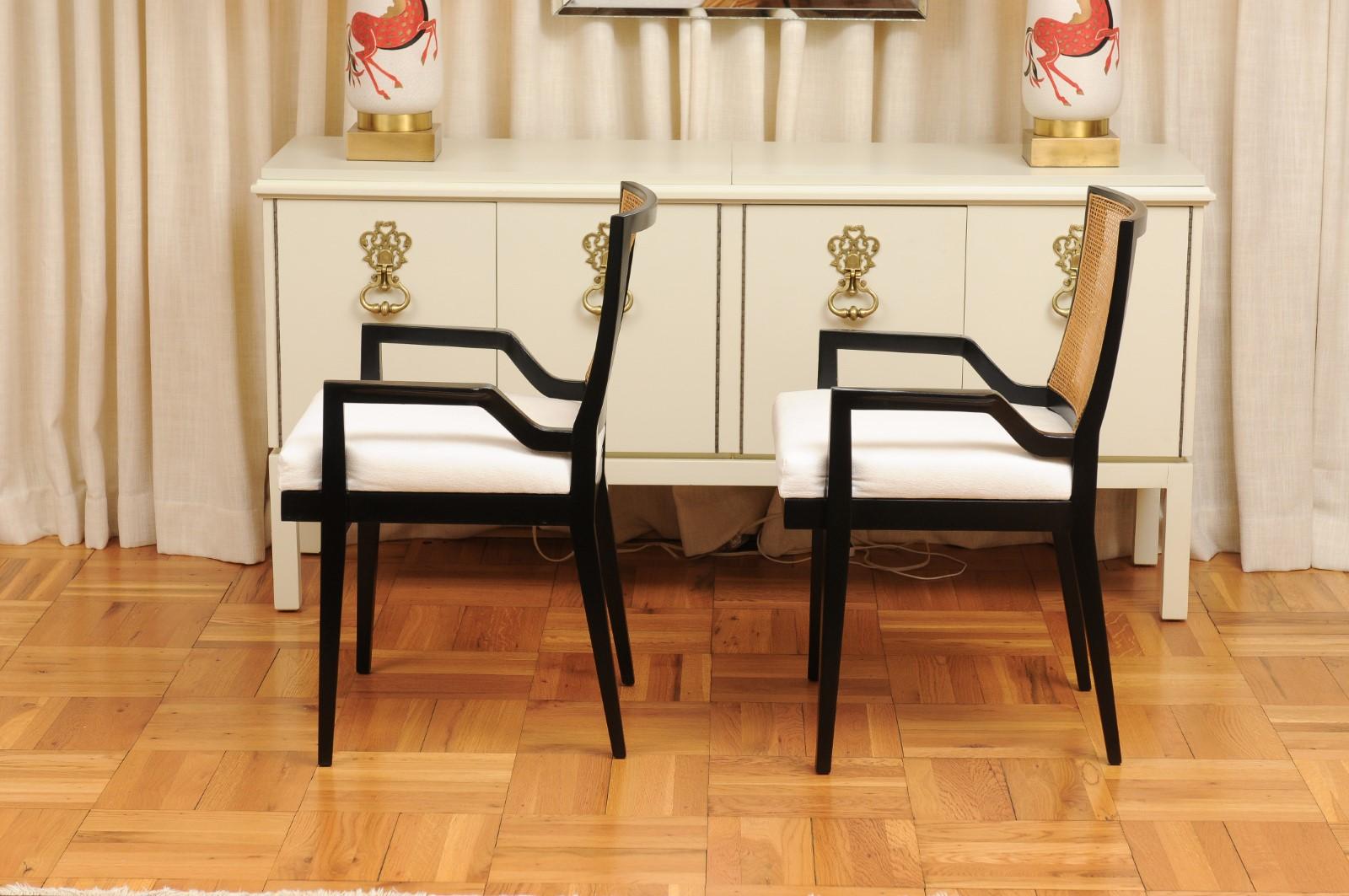 ALL ARMS Set of 8 Black Lacquer Cane Dining Chairs by Michael Taylor, circa 1960 For Sale 7