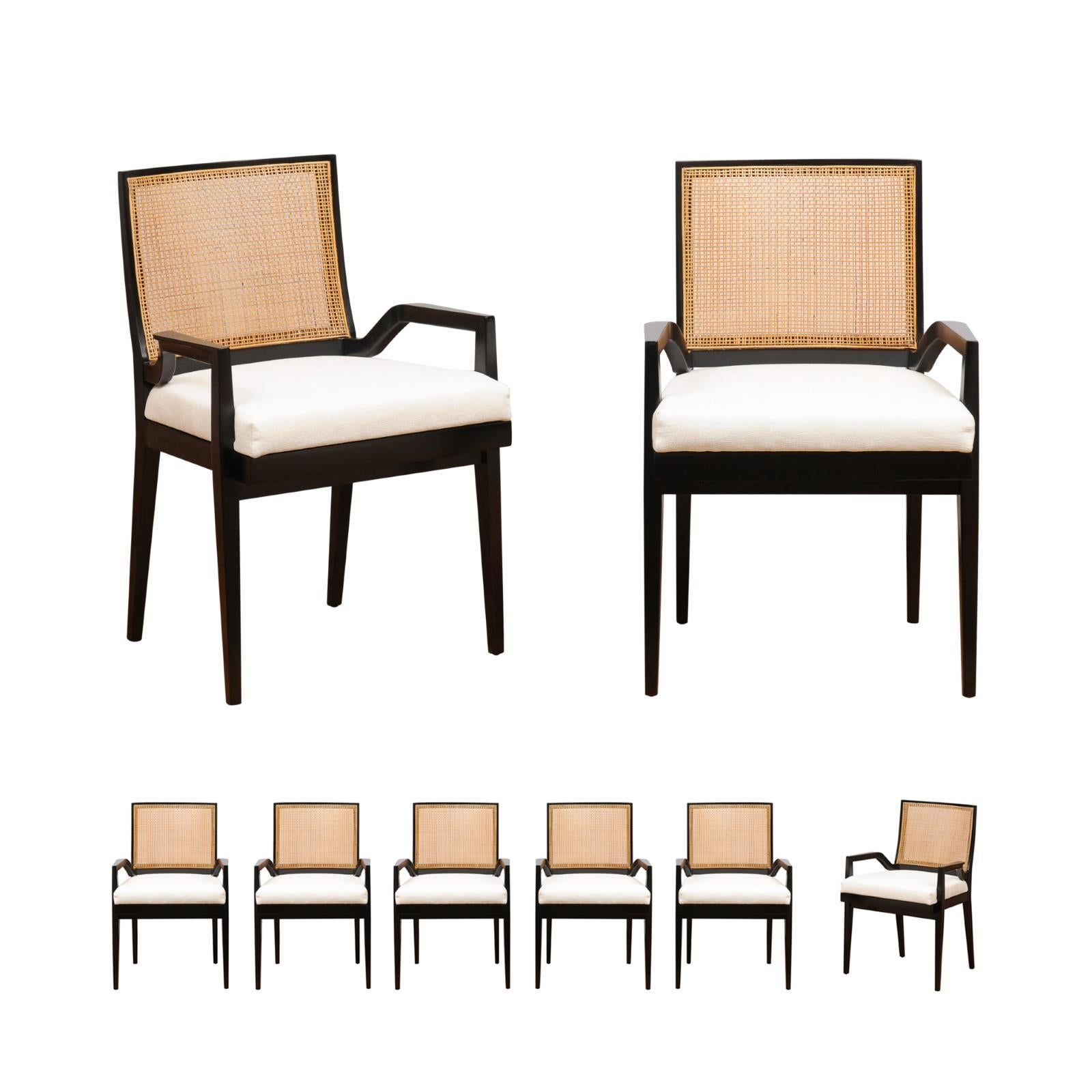 ALL ARMS Ensemble de 8 chaises de salle à manger en cannage laqué noir par Michael Taylor, vers 1960 en vente 12