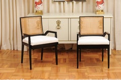 ALL ARMS Set of 8 Black Lacquer Cane Dining Chairs by Michael Taylor, circa 1960
