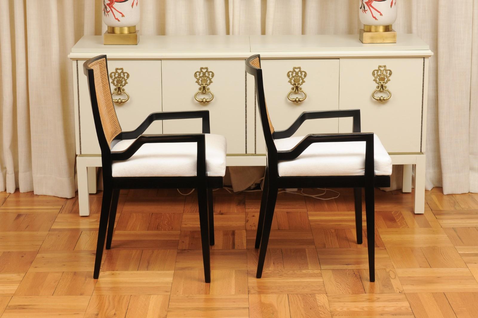 ALL ARMS Set of 8 Black Lacquer Cane Dining Chairs by Michael Taylor, circa 1960 For Sale 3