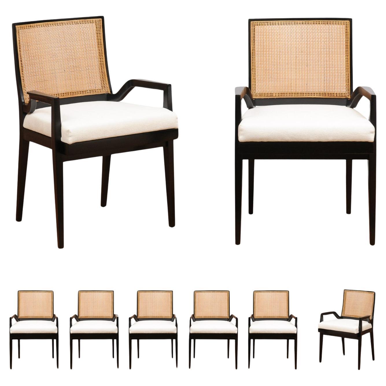 ALL ARMS Set of 8 Black Lacquer Cane Dining Chairs by Michael Taylor, circa 1960 For Sale