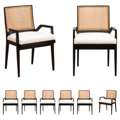 ALL ARMS Set of 8 Black Lacquer Cane Dining Chairs by Michael Taylor, circa 1960