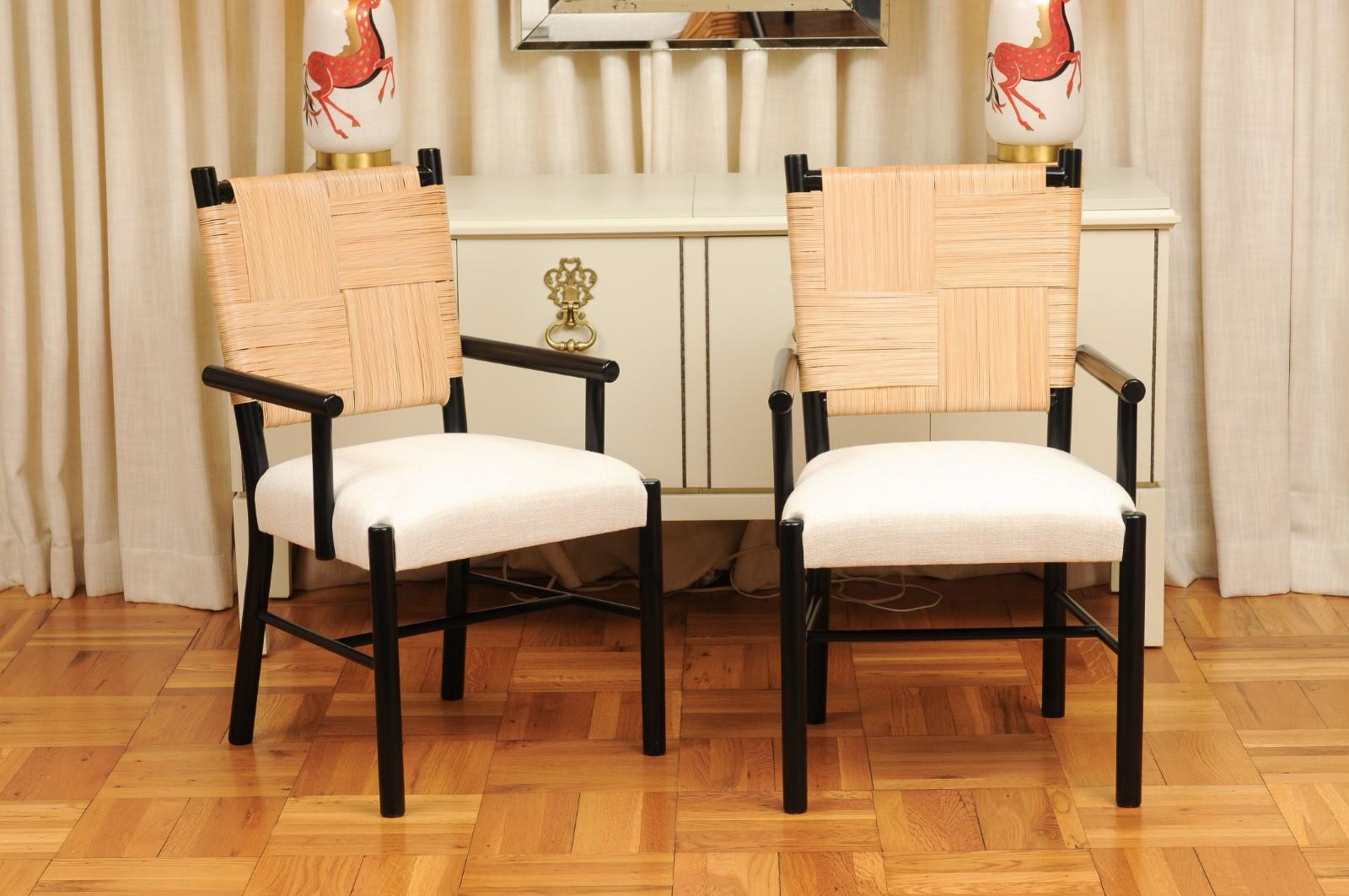 This magnificent large ALL ARMS set of dining chairs is Unique on the World market. The set is shipped as professionally photographed and described in the listing narrative: Meticulously professionally restored, newly custom upholstered and