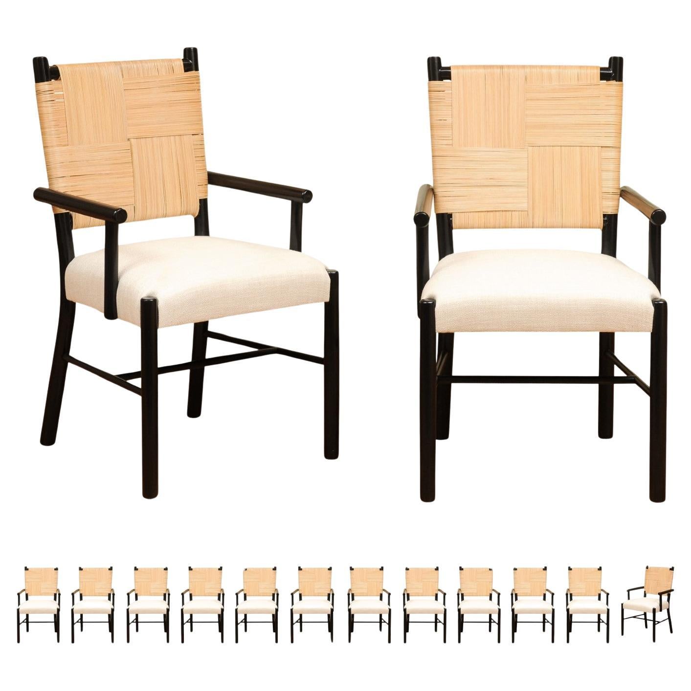 All Arms- Sublime Set of 14 Cane Back Dining Chairs by John Hutton for Donghia For Sale