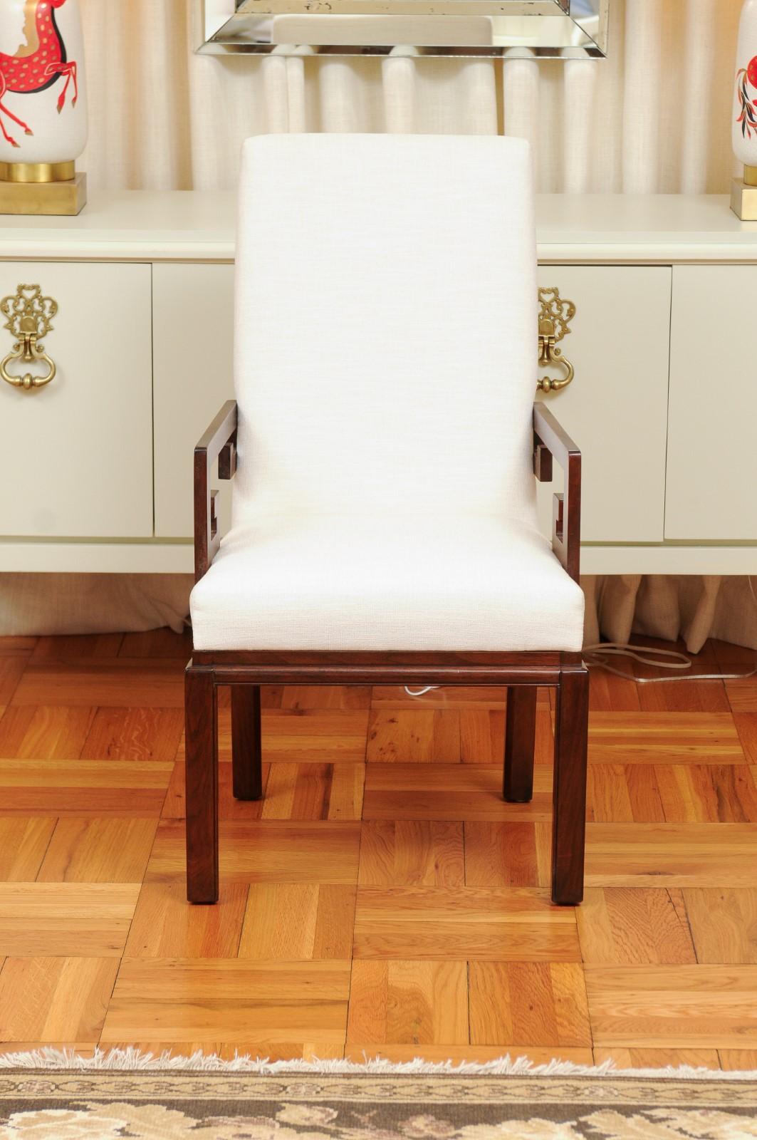 These magnificent dining chairs are shipped as professionally photographed and described in the listing narrative, completely installation ready. This large all arm set is unique on the World market. Expert custom upholstery service is