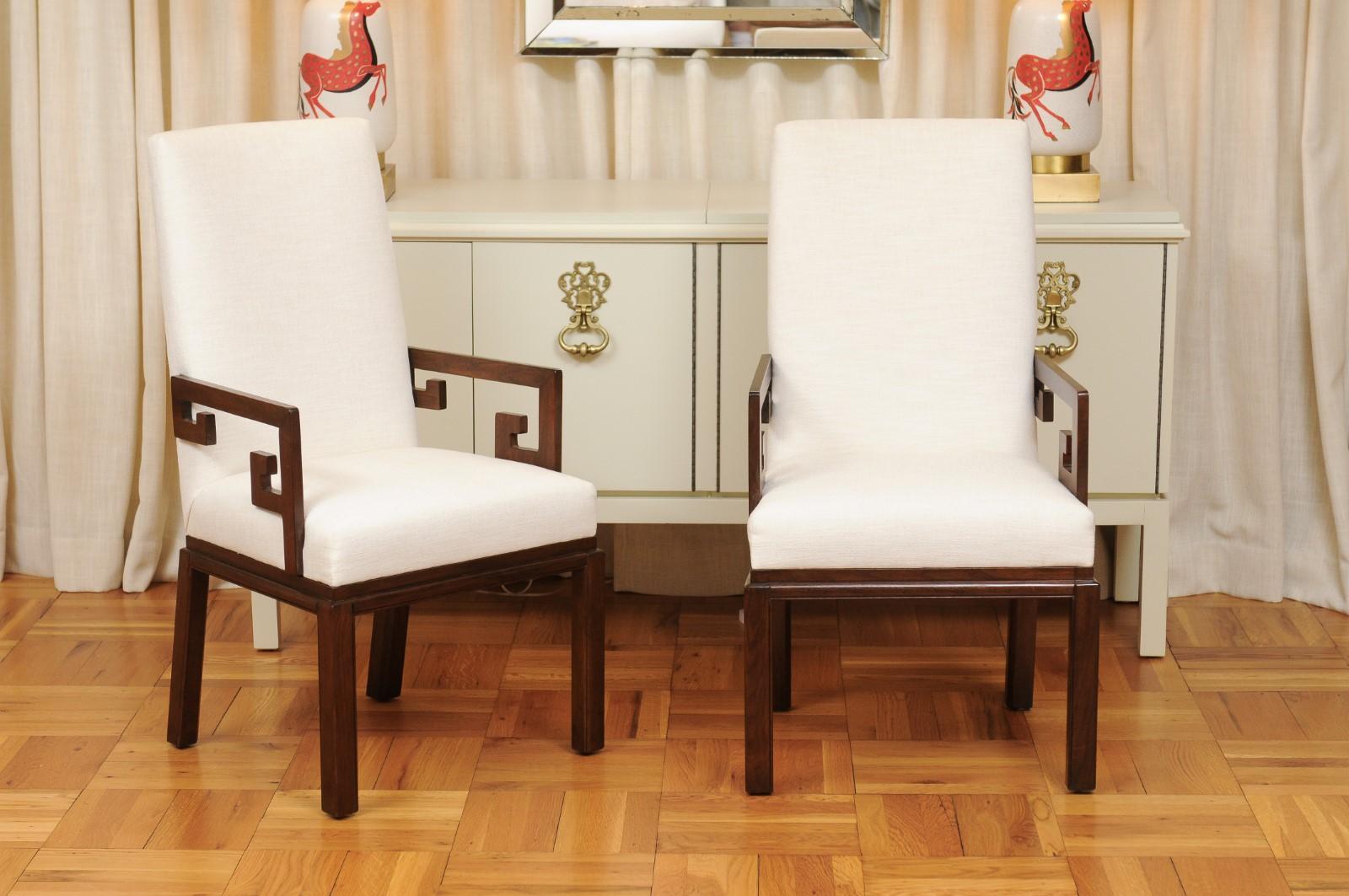 These magnificent dining chairs are shipped as professionally photographed and described in the listing narrative: completely installation ready. This large all arm set is unique on the World market. Expert custom upholstery service is