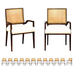 Alle Arme, unübertroffener Satz von 12 Esszimmerstühlen aus Schilfrohr von Michael Taylor, um 1960