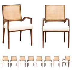 All Arms, Unrivaled Set of 8 Cane Dining Chairs by Michael Taylor, circa 1960