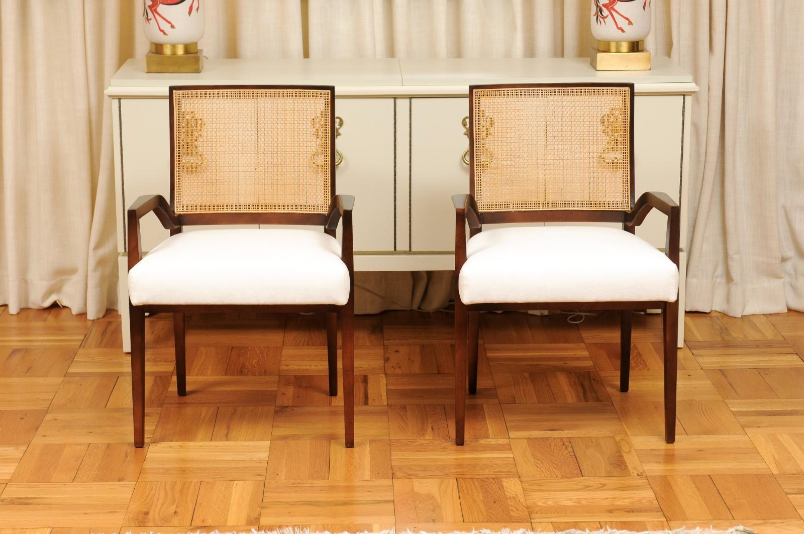 Mid-Century Modern All Arms, Unrivaled Set of 8 Cane Dining Chairs by Michael Taylor, circa 1960 For Sale