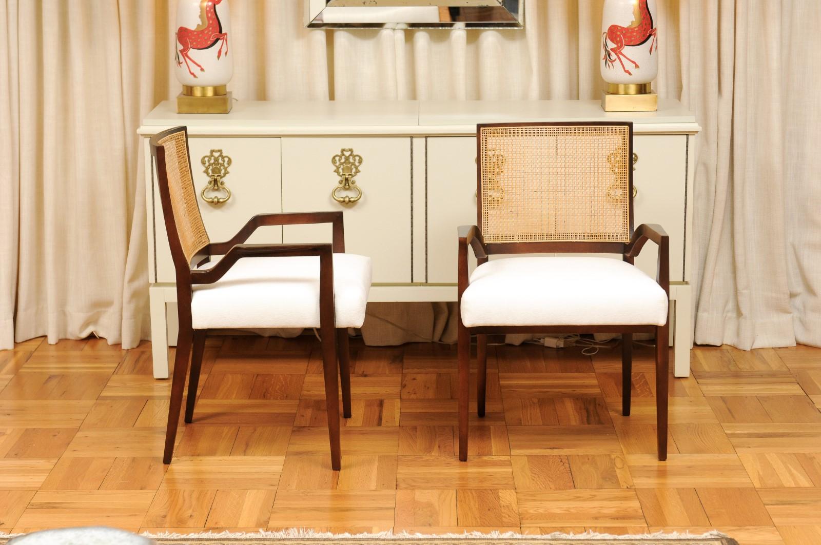 American All Arms, Unrivaled Set of 8 Cane Dining Chairs by Michael Taylor, circa 1960 For Sale