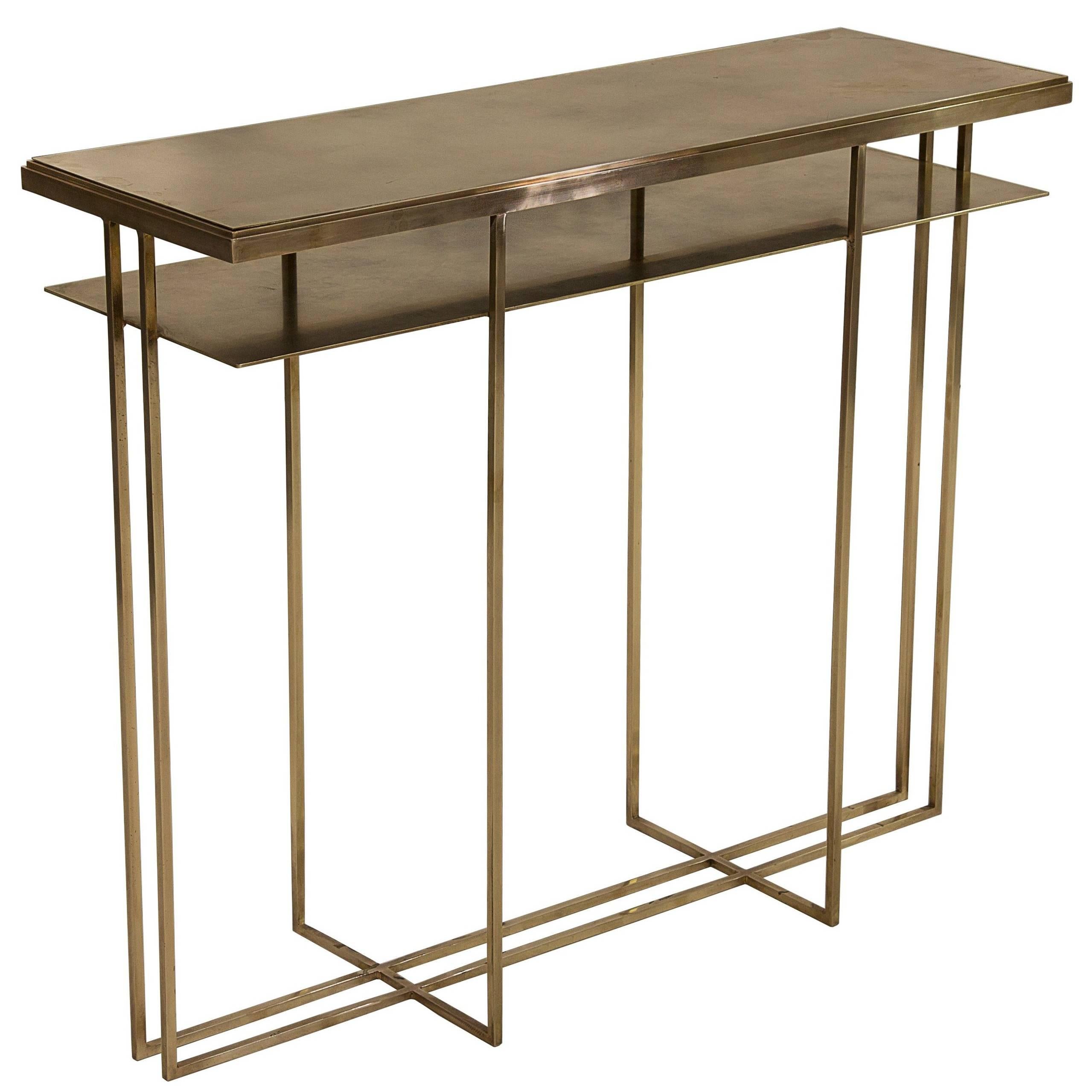 Cross Binate Console Table — Small —  All Patinated Brass — Made in Britain For Sale
