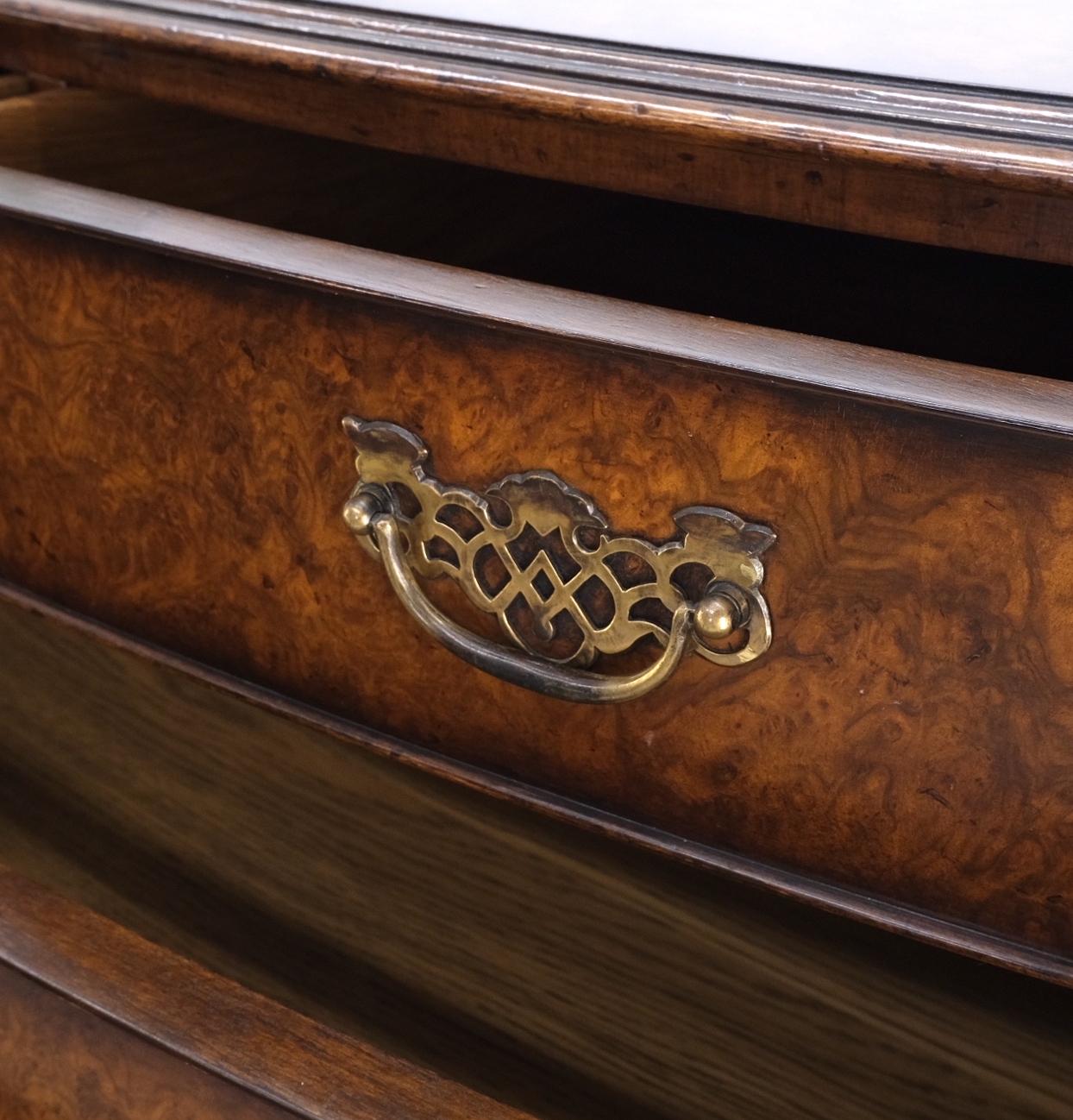 Lacquered All Burl Wood Bracket Feet Bow Front Chippendale Style Dresser Commode Cabinet