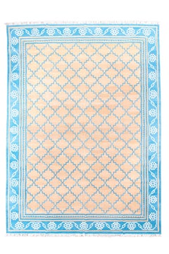 All-Cotton Dhurrie Carpet with Gold Field and a Denim Blue Border