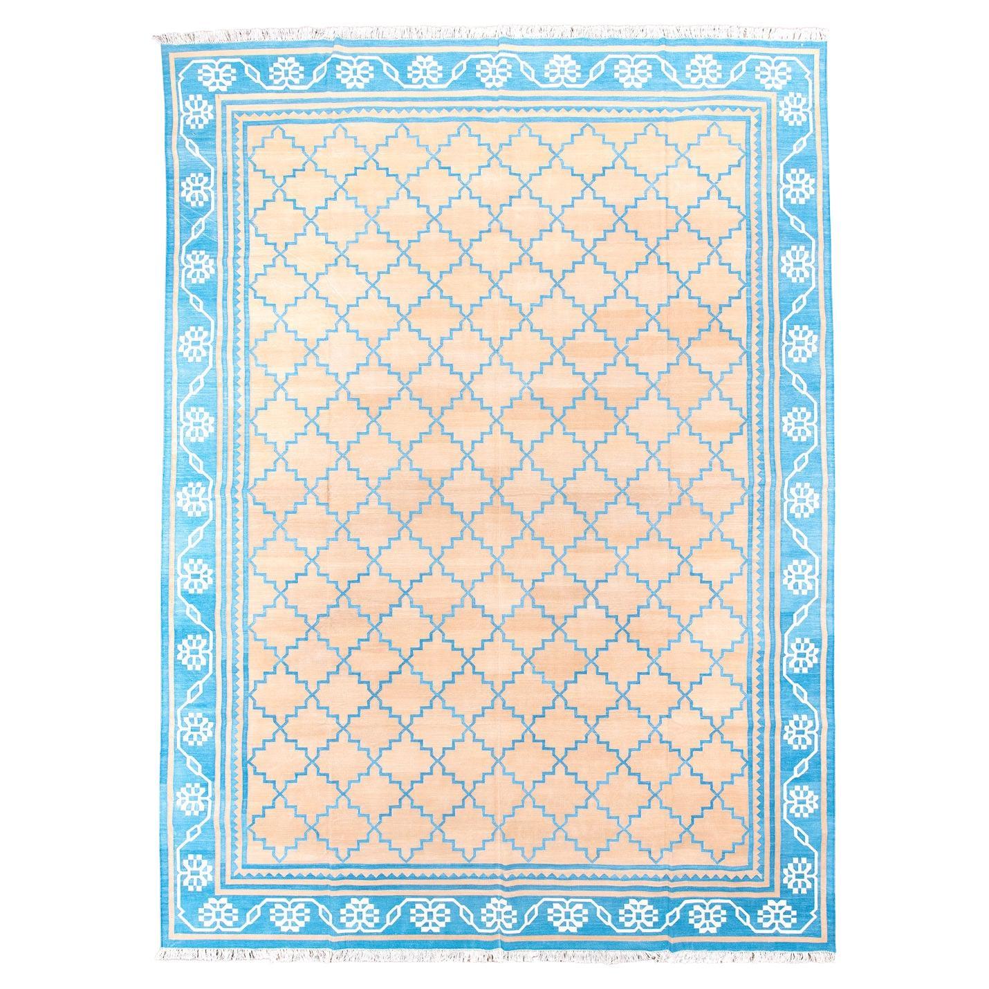 All-Cotton Dhurrie Carpet with Gold Field and a Denim Blue Border