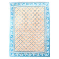 All-Cotton Dhurrie Carpet with Gold Field and a Denim Blue Border