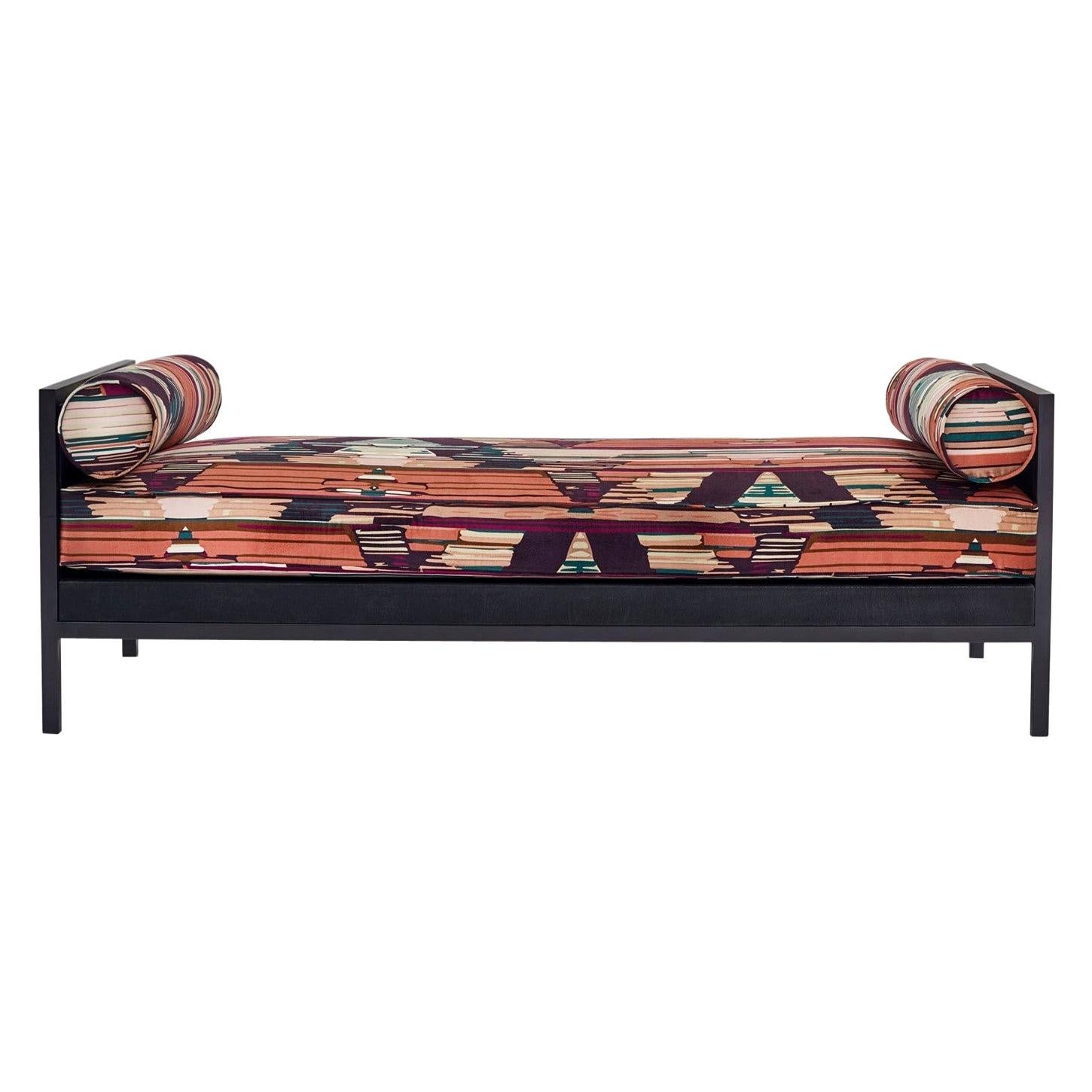 All Day Bed / Chaise Longue in of iron, exotic leather and velvet fabric For Sale